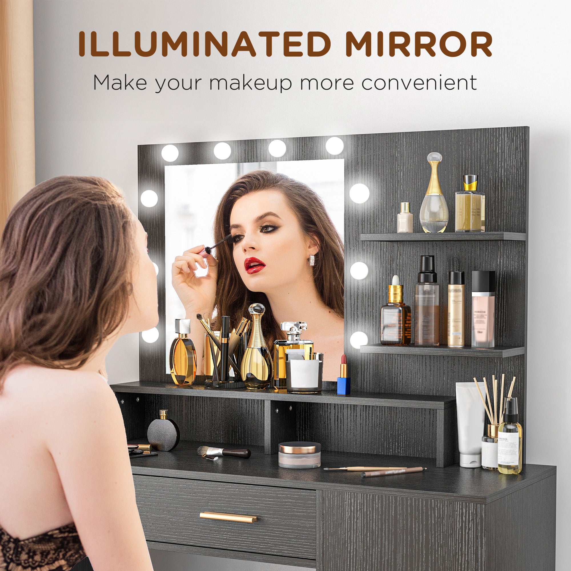 LED Vanity Table Set with Mirror and Stool - Black-DECOROLALA