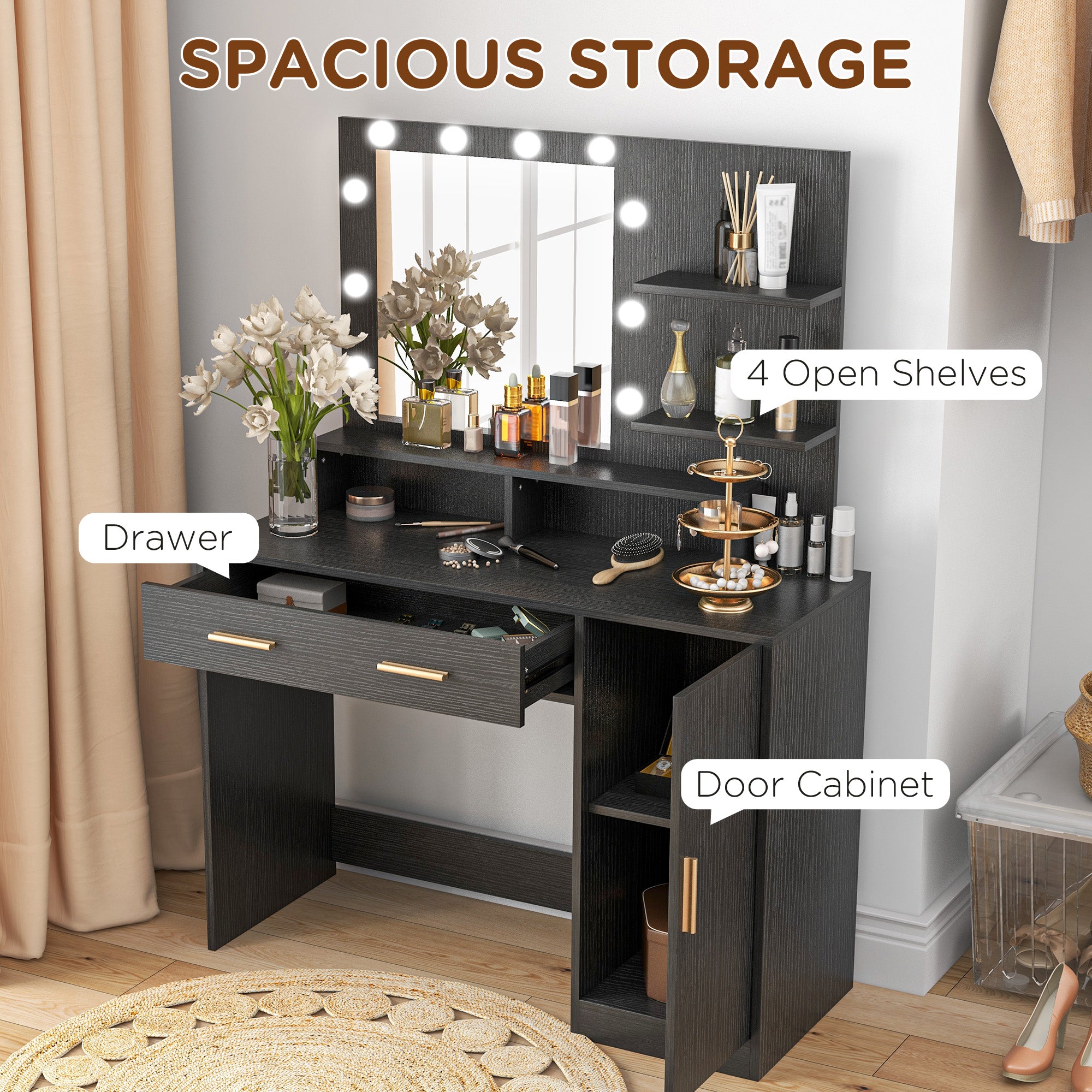 LED Vanity Table Set with Mirror and Stool - Black-DECOROLALA