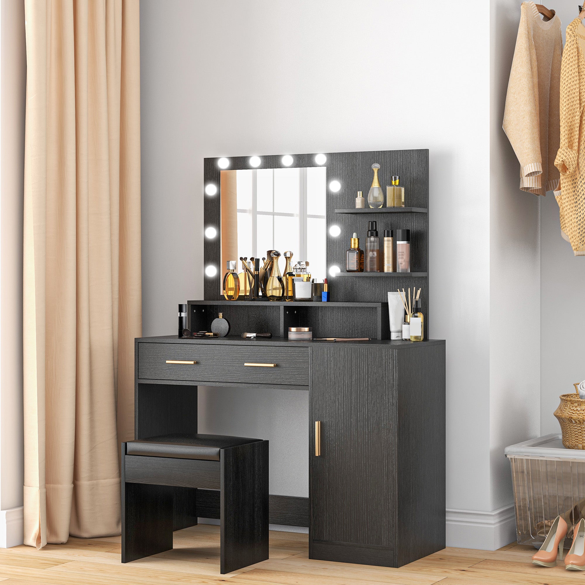 LED Vanity Table Set with Mirror and Stool - Black-DECOROLALA