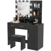 LED Vanity Table Set with Mirror and Stool - Black-DECOROLALA