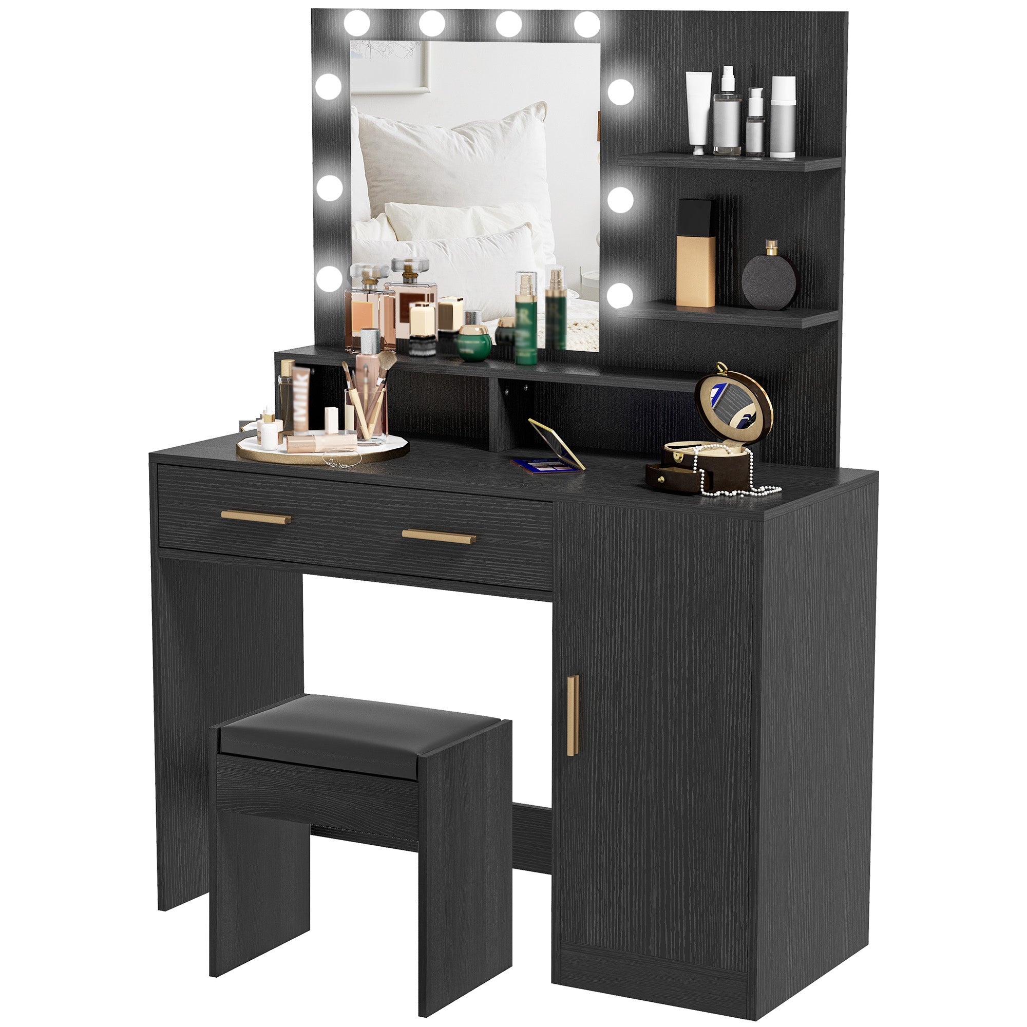 LED Vanity Table Set with Mirror and Stool - Black-DECOROLALA