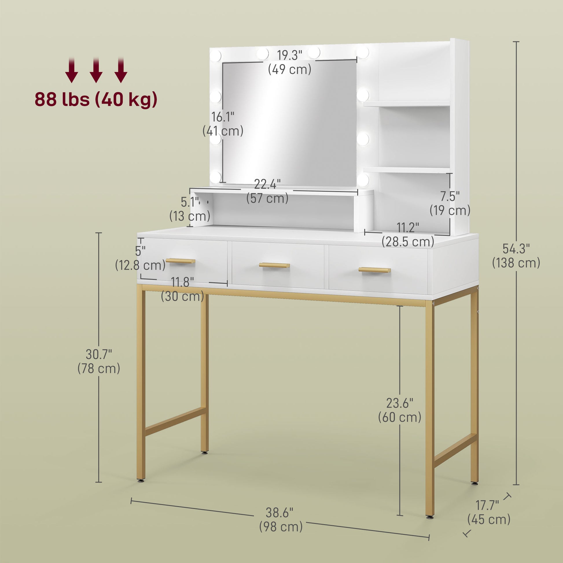 LED Vanity Table with Mirror and 3 Drawers - White-DECOROLALA