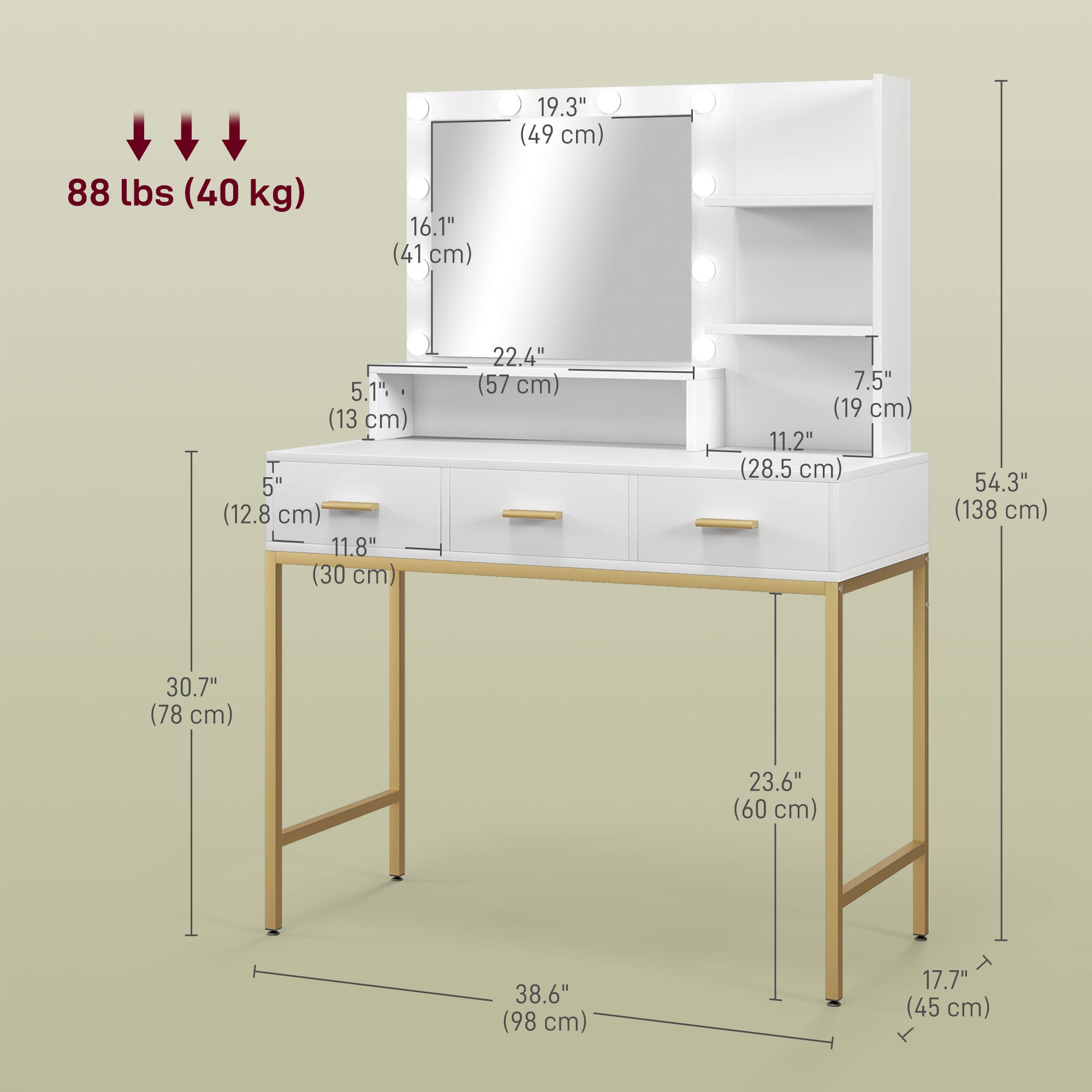 LED Vanity Table with Mirror and 3 Drawers - White-DECOROLALA