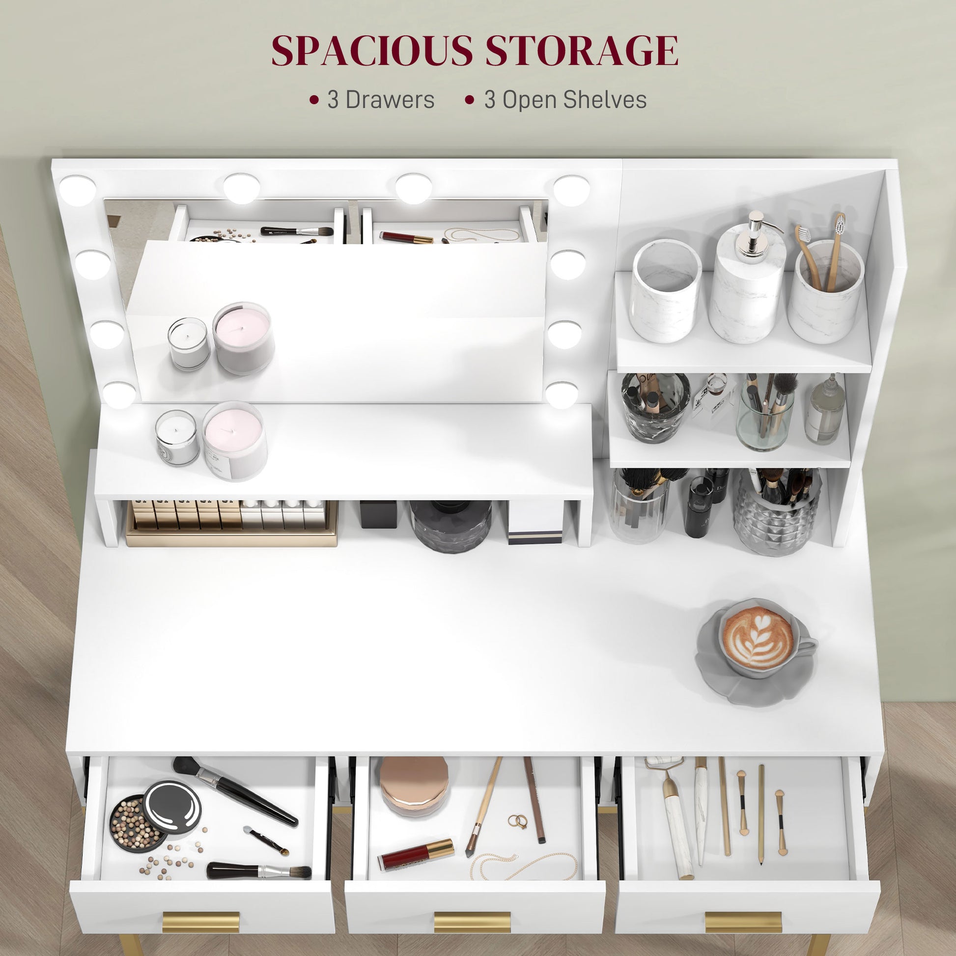 LED Vanity Table with Mirror and 3 Drawers - White-DECOROLALA