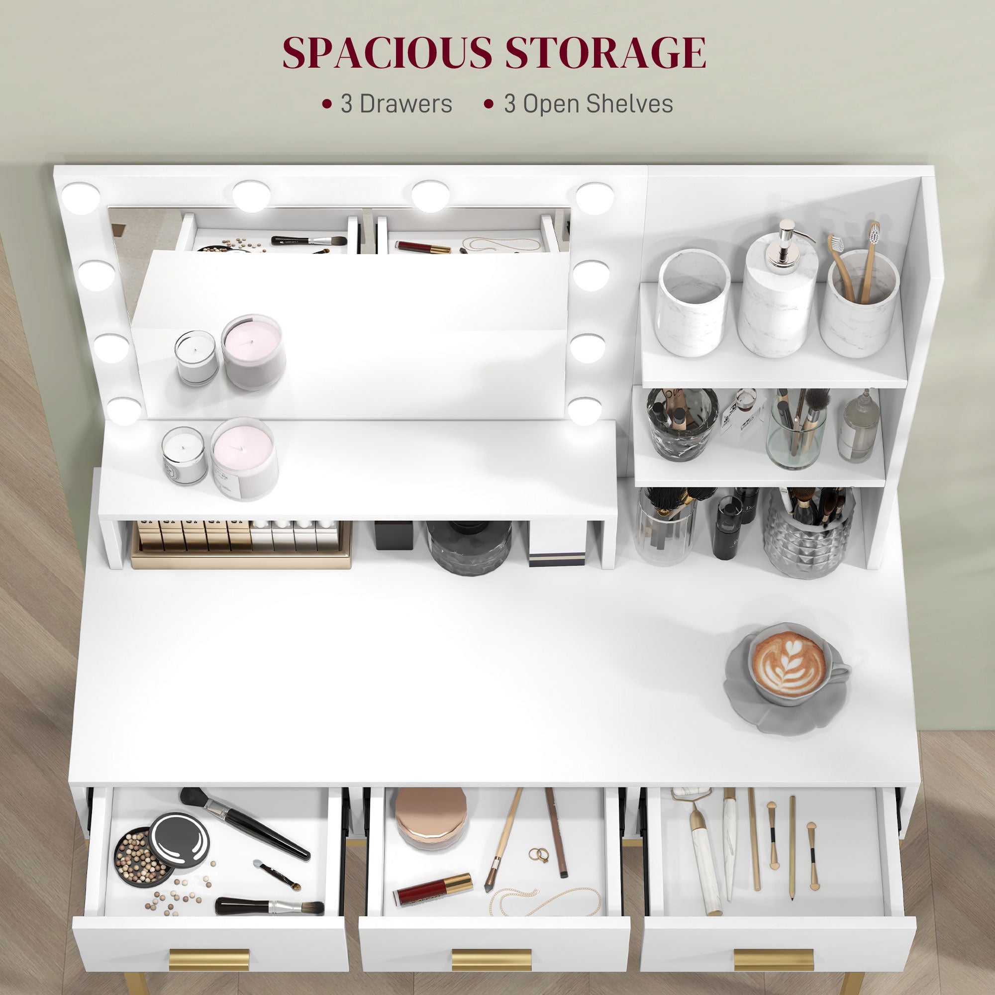 LED Vanity Table with Mirror and 3 Drawers - White-DECOROLALA