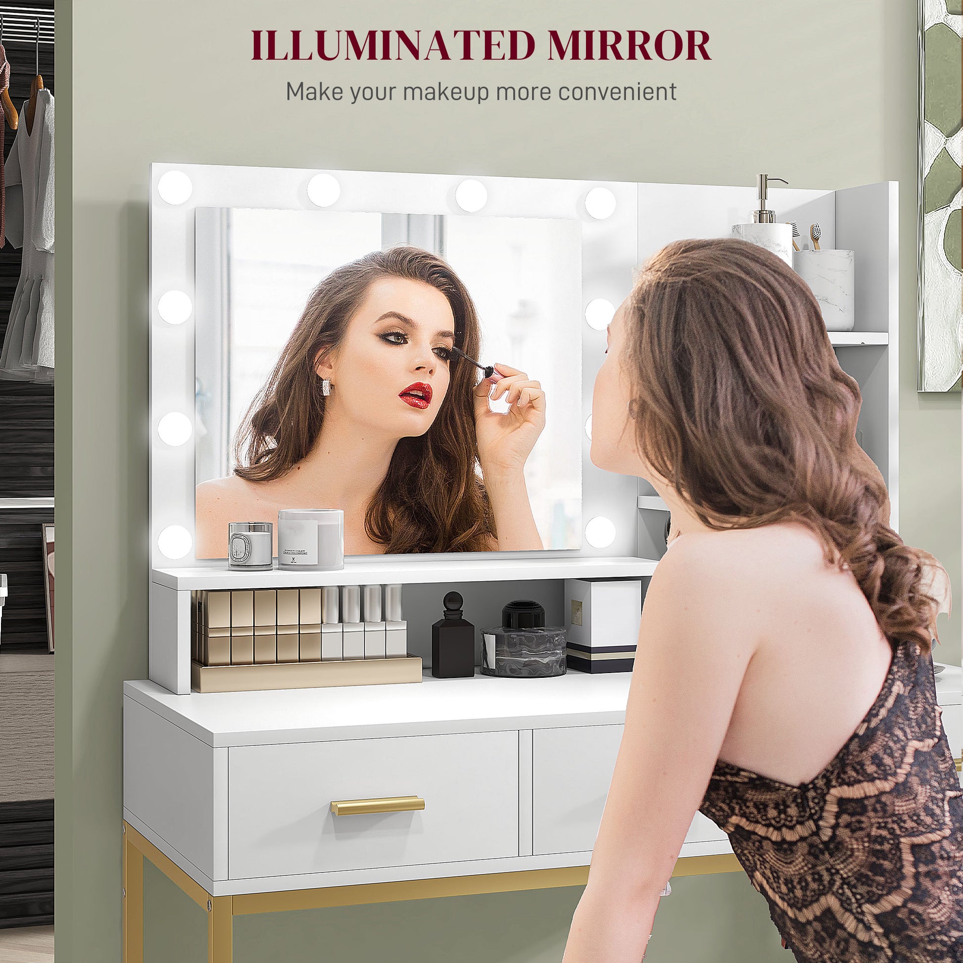 LED Vanity Table with Mirror and 3 Drawers - White-DECOROLALA
