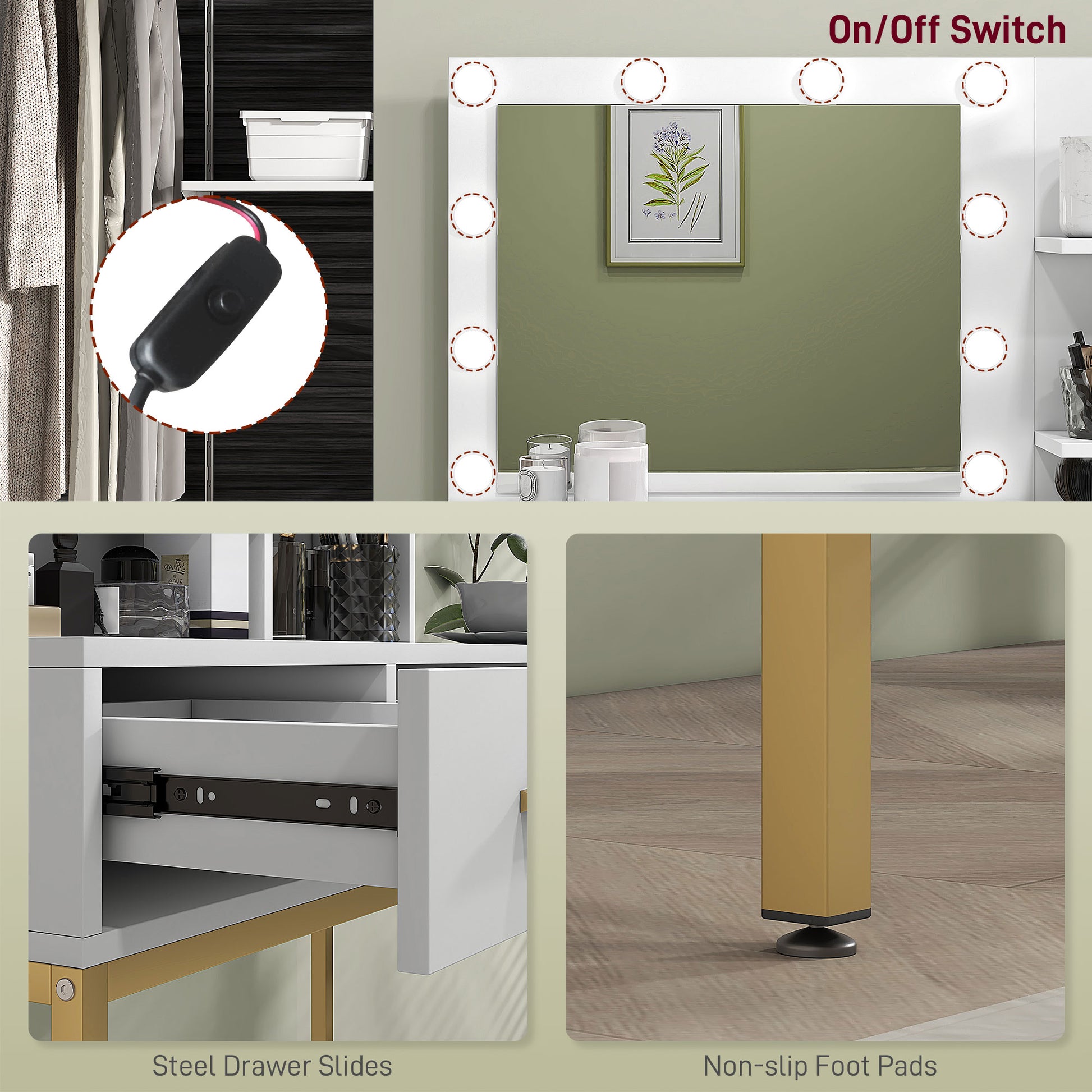 LED Vanity Table with Mirror and 3 Drawers - White-DECOROLALA