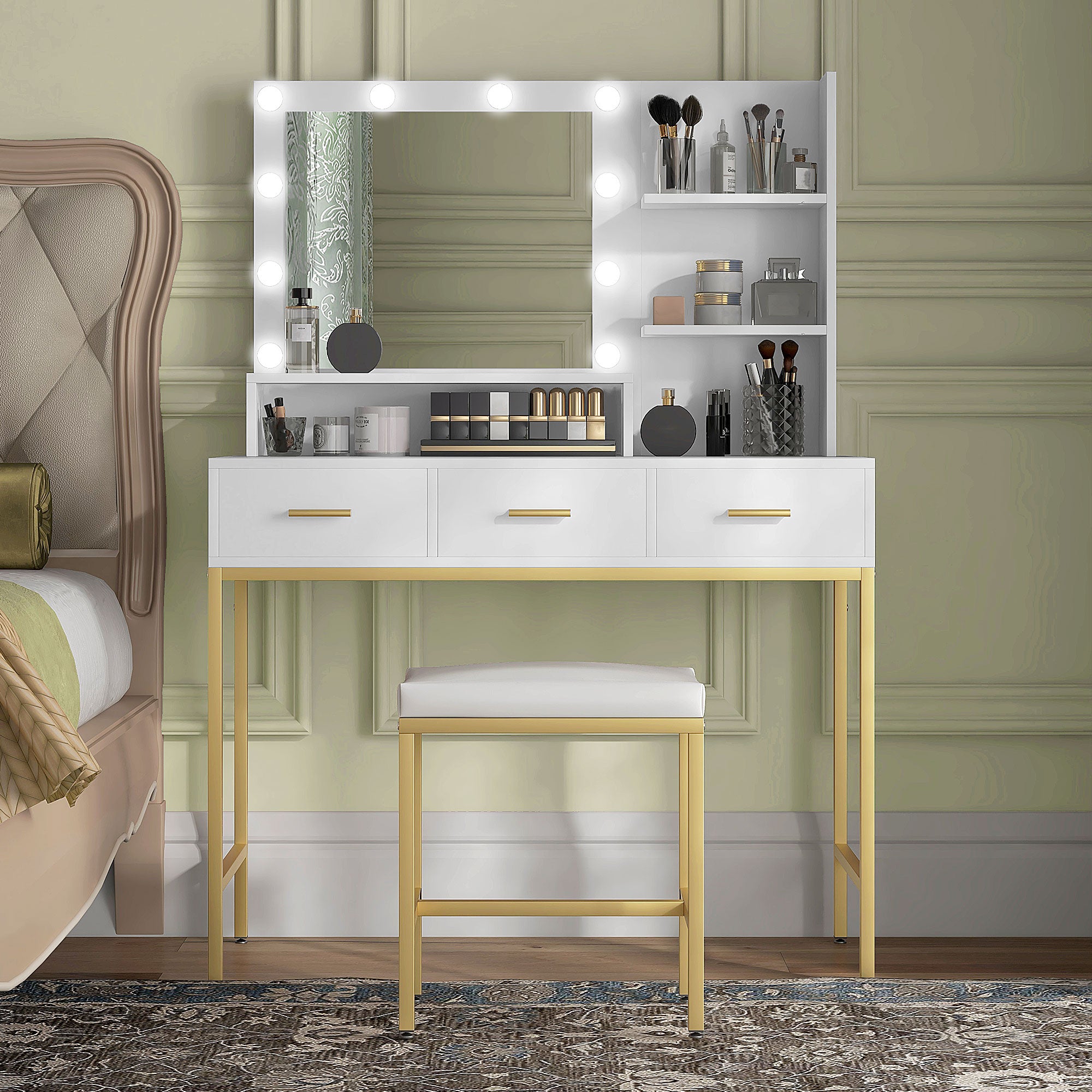 LED Vanity Table with Mirror and 3 Drawers - White-DECOROLALA