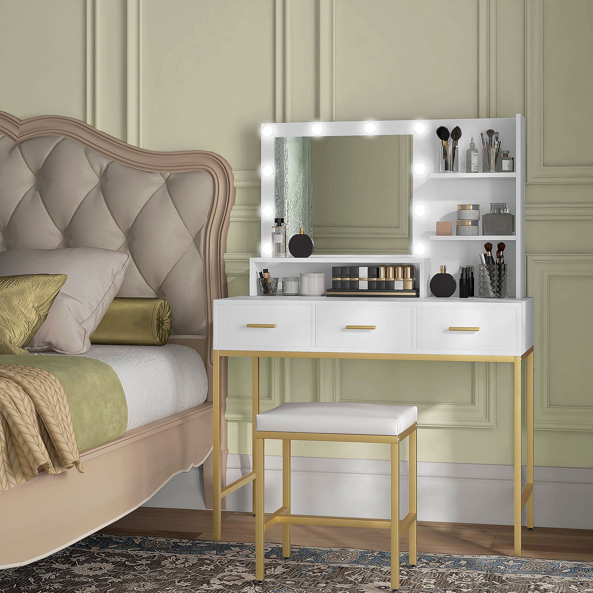LED Vanity Table with Mirror and 3 Drawers - White-DECOROLALA
