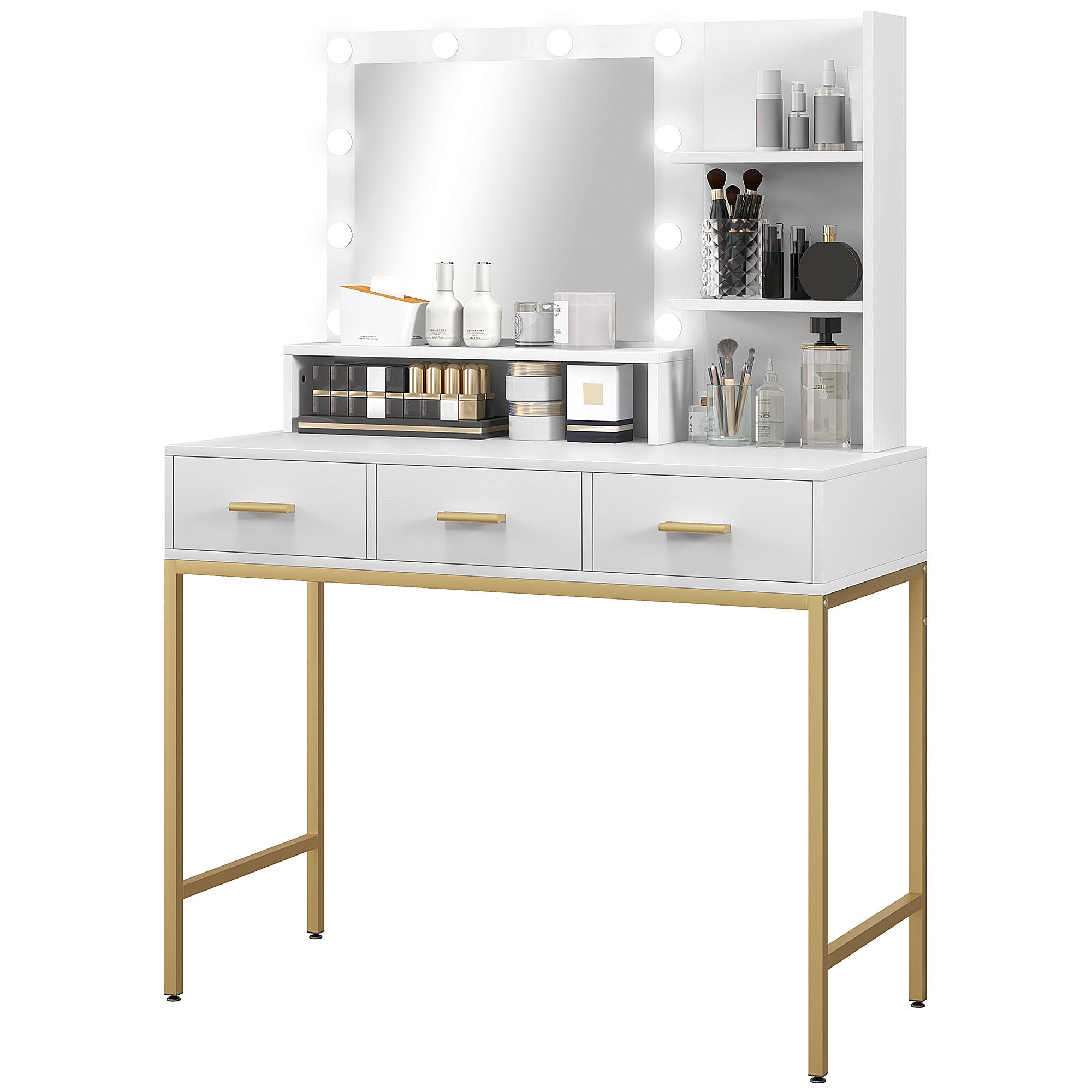 LED Vanity Table with Mirror and 3 Drawers - White-DECOROLALA