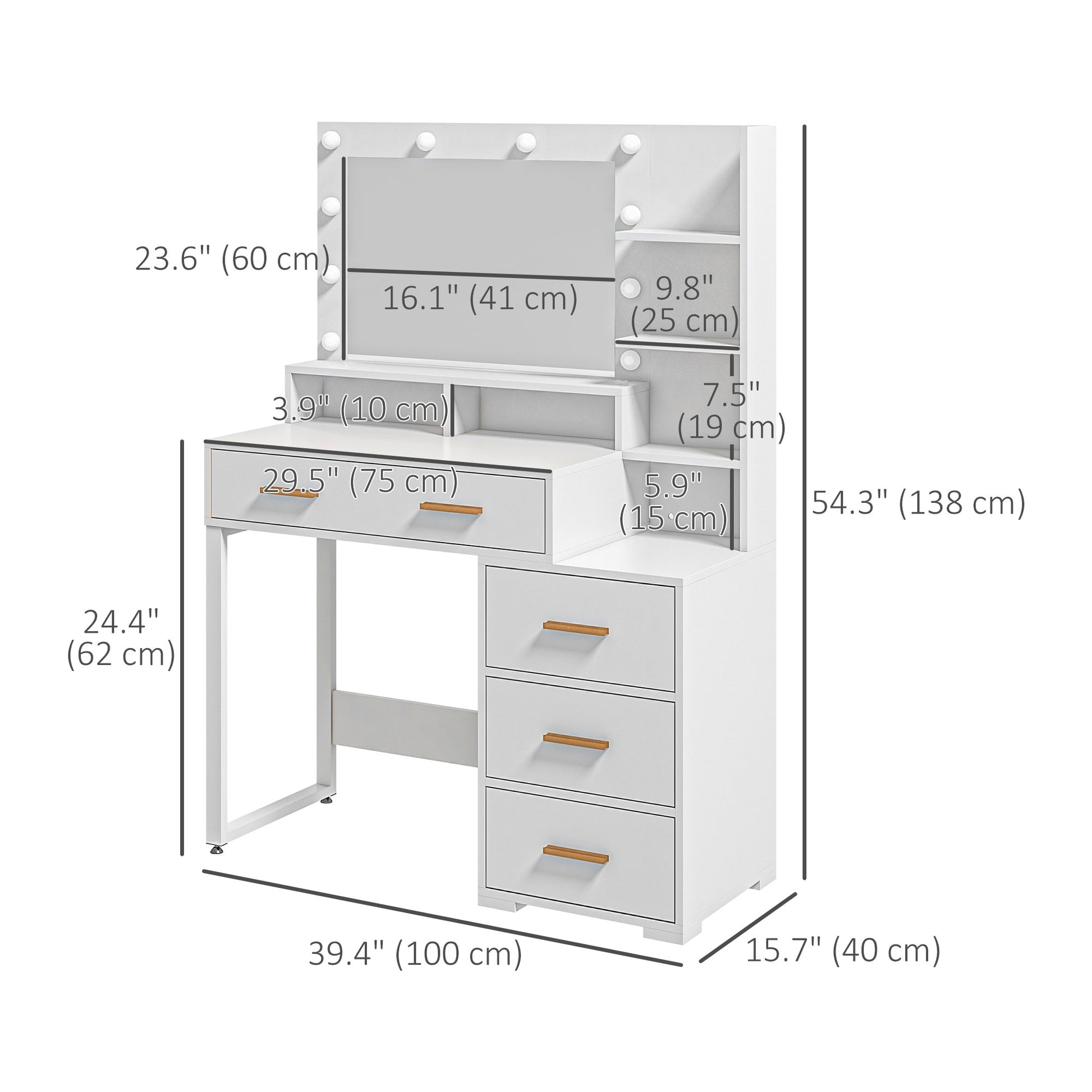 LED Vanity Table with Mirror and 4 Drawers - White-DECOROLALA