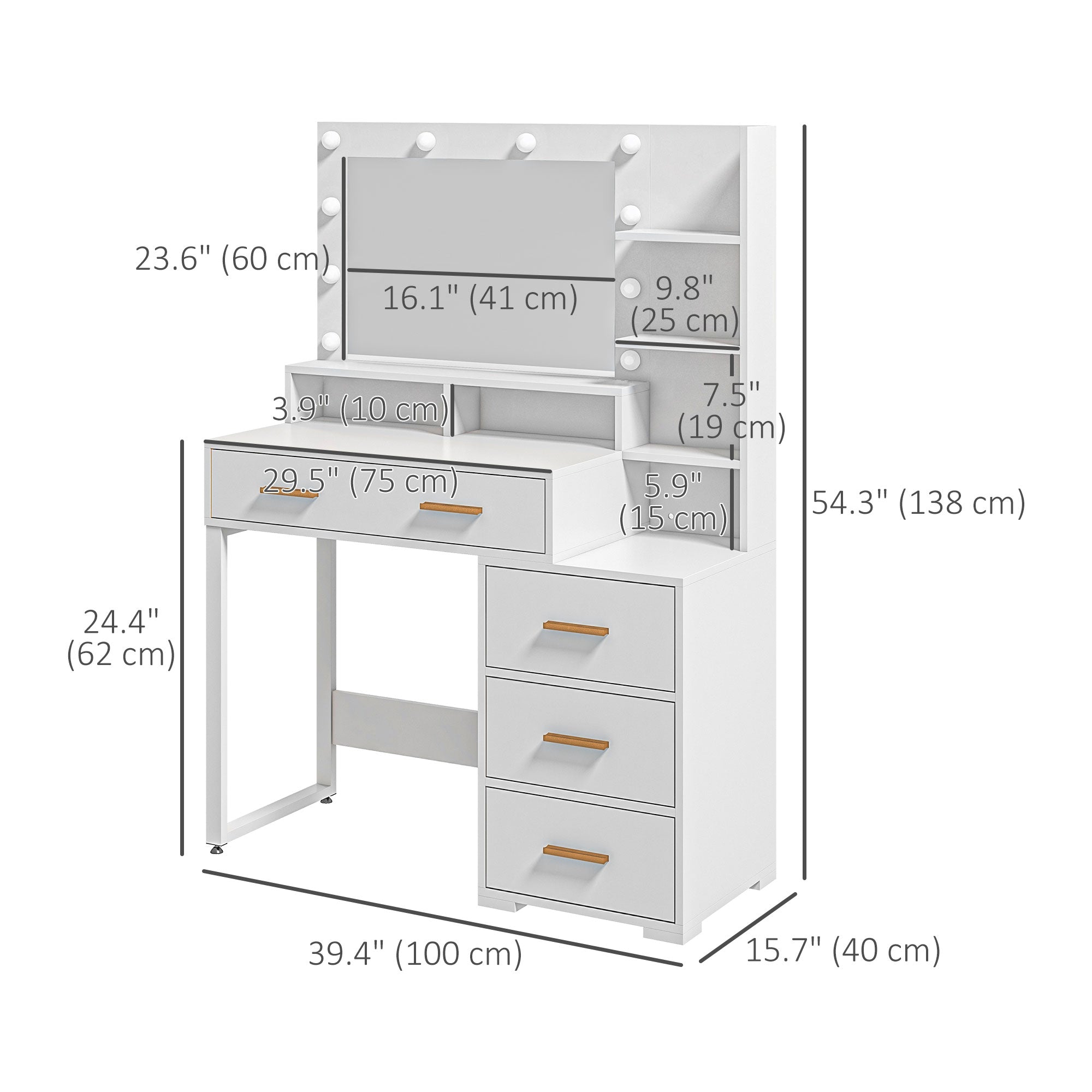 LED Vanity Table with Mirror and 4 Drawers - White-DECOROLALA