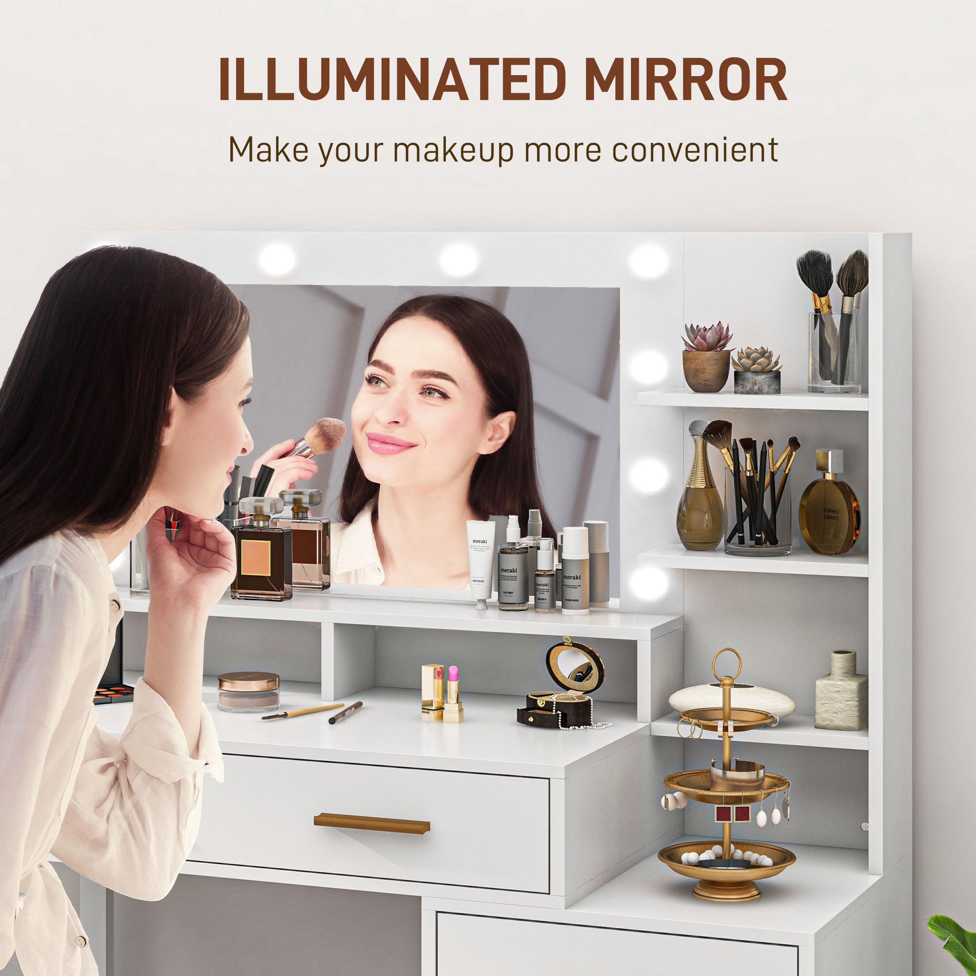 LED Vanity Table with Mirror and 4 Drawers - White-DECOROLALA