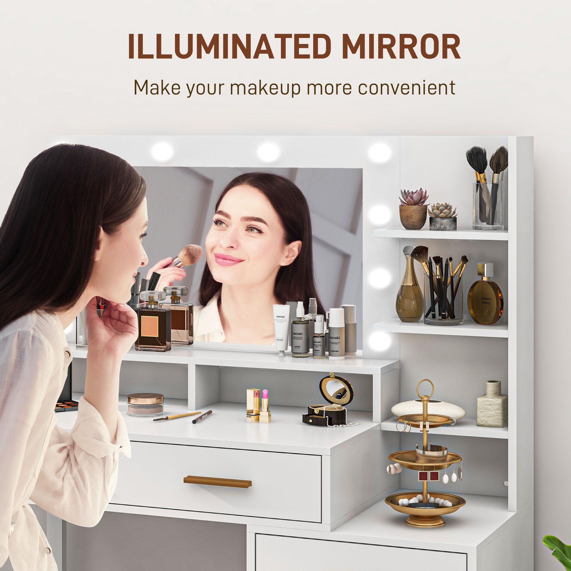 LED Vanity Table with Mirror and 4 Drawers - White-DECOROLALA