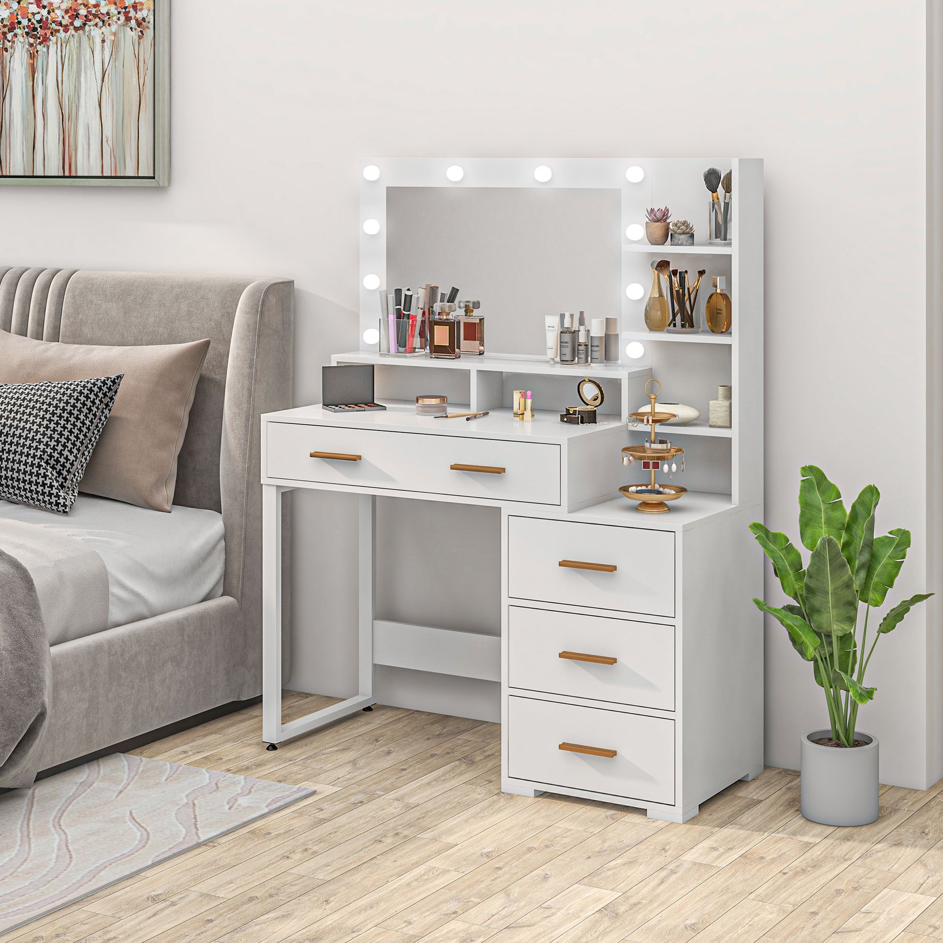 LED Vanity Table with Mirror and 4 Drawers - White-DECOROLALA