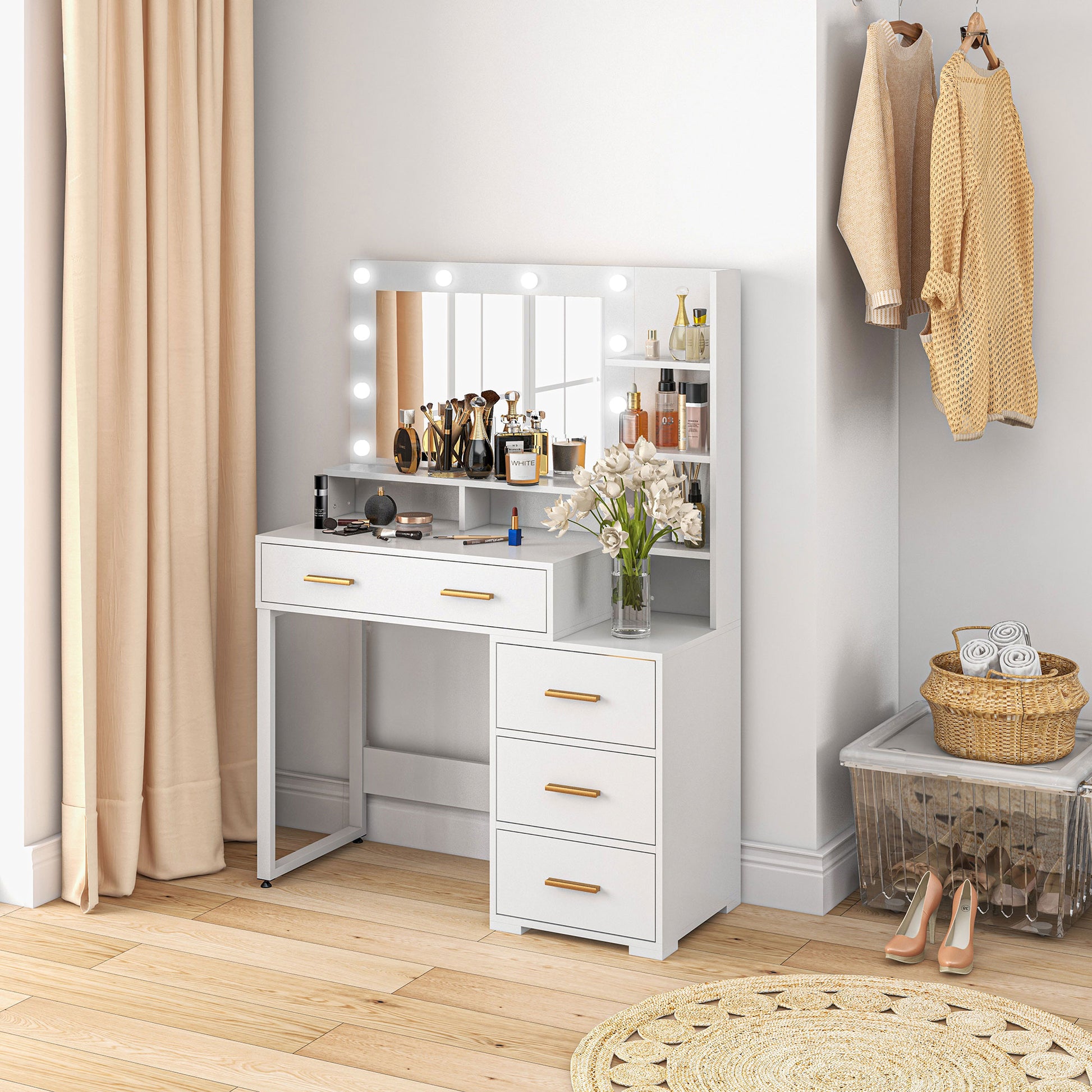 LED Vanity Table with Mirror and 4 Drawers - White-DECOROLALA