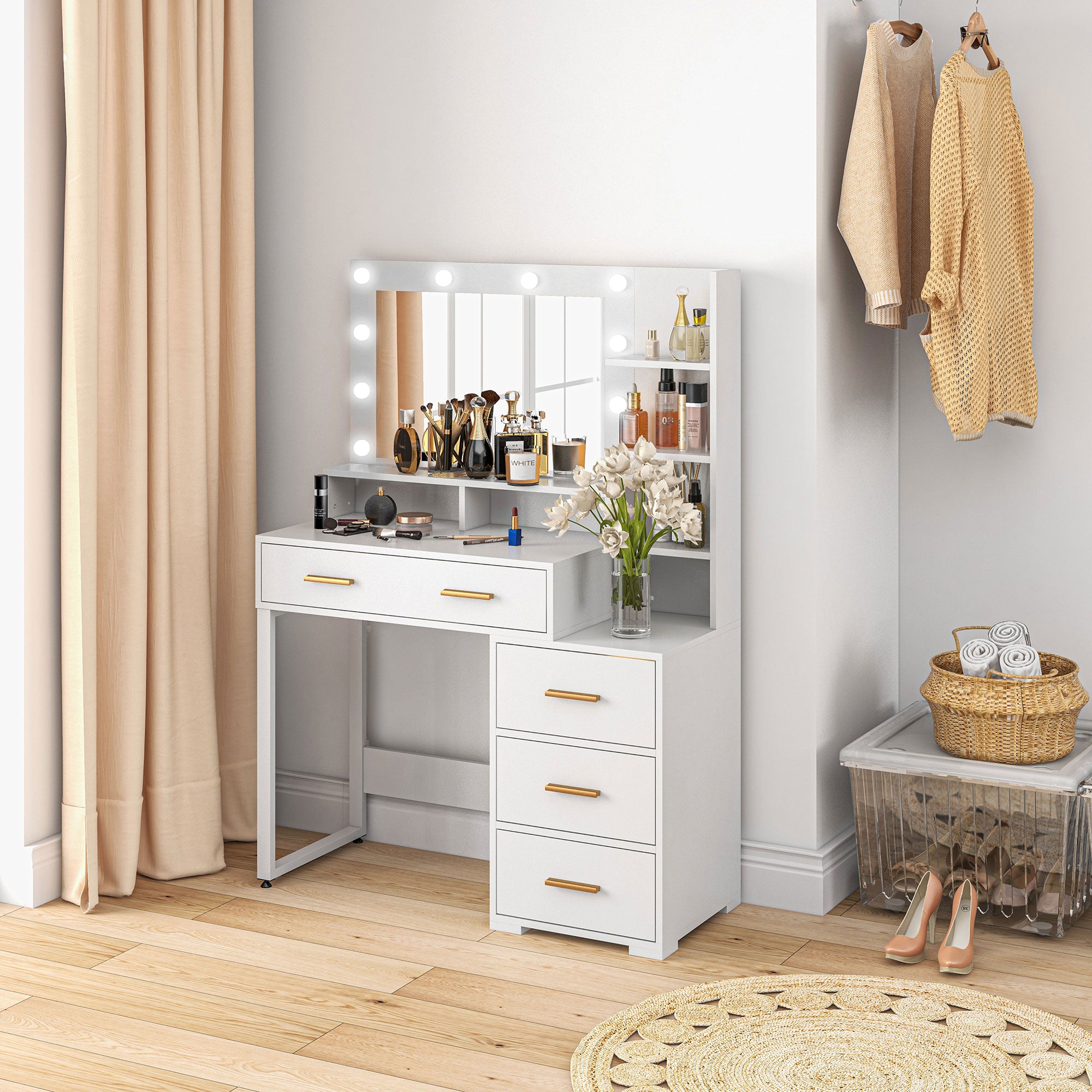 LED Vanity Table with Mirror and 4 Drawers - White-DECOROLALA