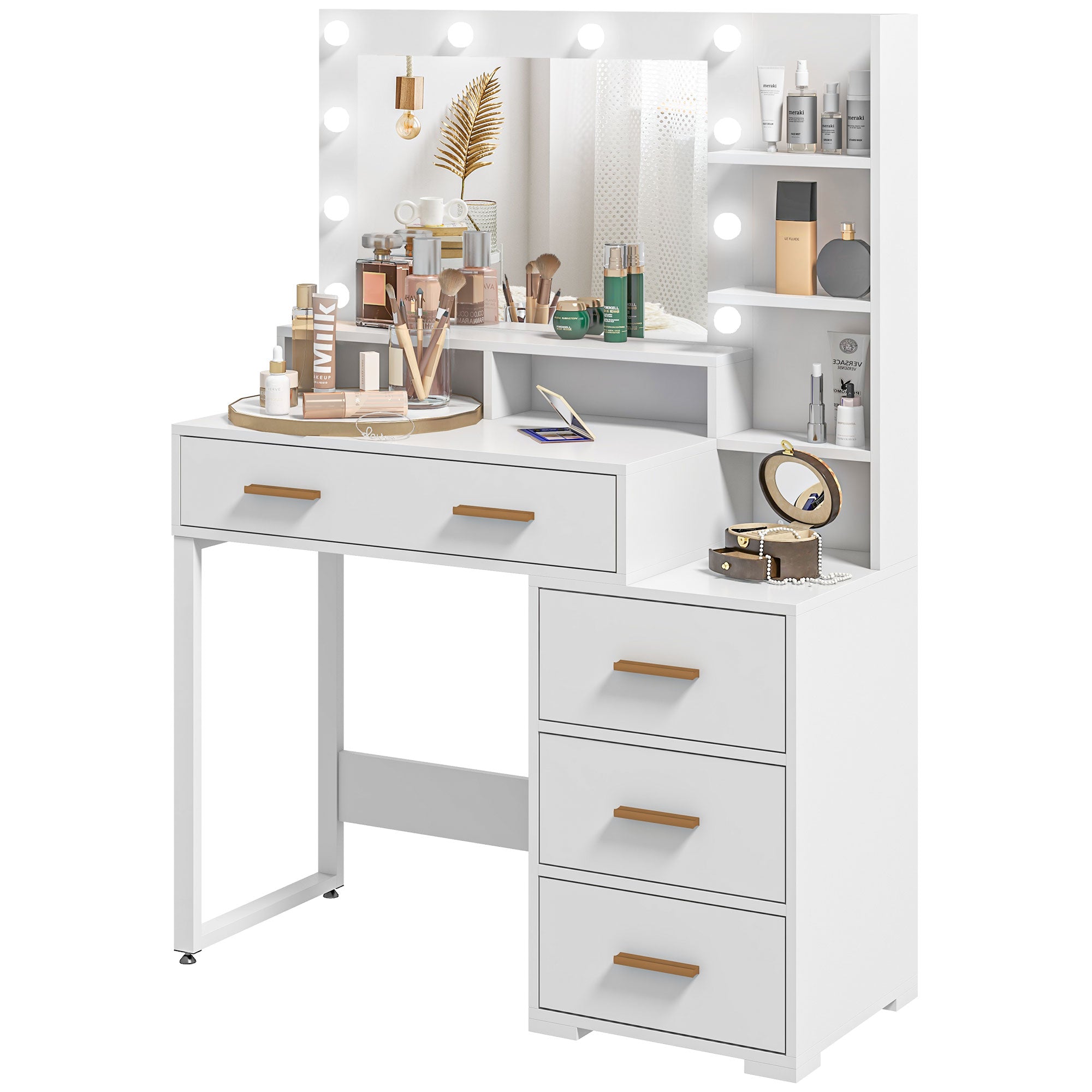 LED Vanity Table with Mirror and 4 Drawers - White-DECOROLALA