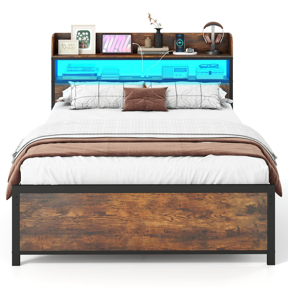 LED Bed Frame with Power Outlets and Storage Headboard-Beds & Bed Frames-DECOROLALA