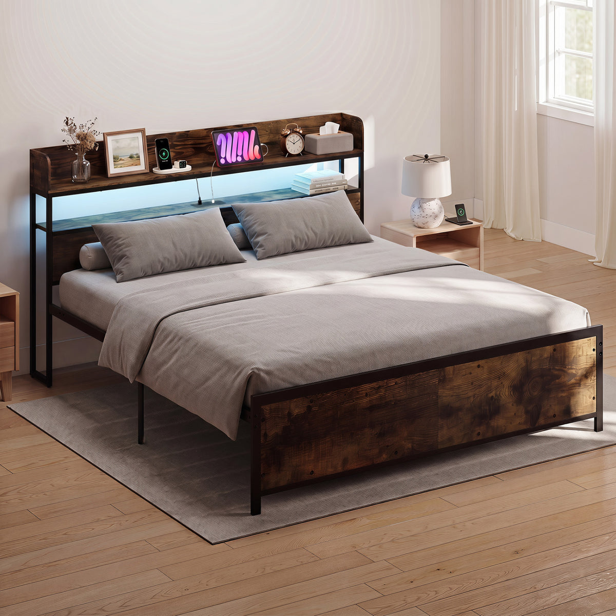 LED Bed Frame with Power Outlets and Storage Headboard-Beds & Bed Frames-DECOROLALA