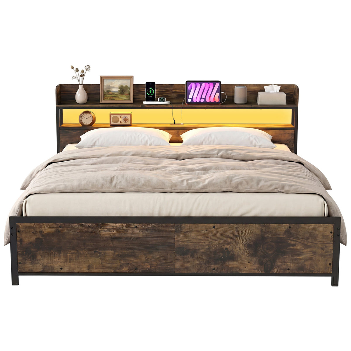 LED Bed Frame with Power Outlets and Storage Headboard-Beds & Bed Frames-DECOROLALA