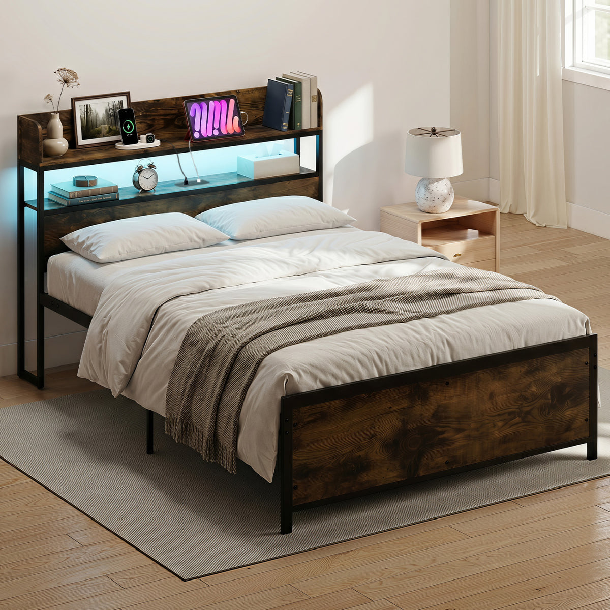 LED Bed Frame with Power Outlets and Storage Headboard-Beds & Bed Frames-DECOROLALA