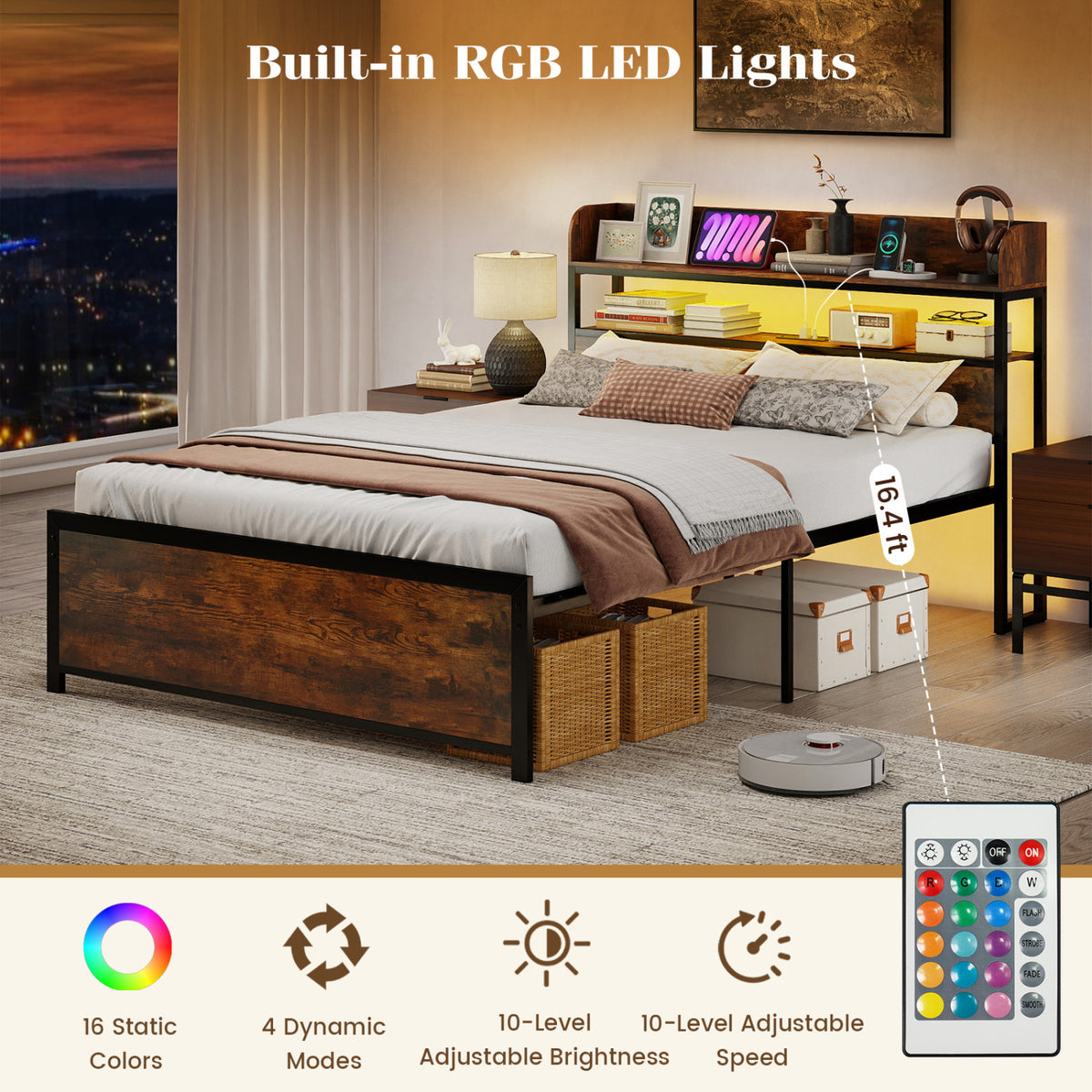 LED Bed Frame with Power Outlets and Storage Headboard-Beds & Bed Frames-DECOROLALA