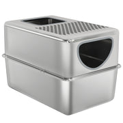Stainless Steel Cat Litter Box with Lid, Extra Large Enclosed Litter Box with Top Litter-Catching Holes, Scoop, Silver