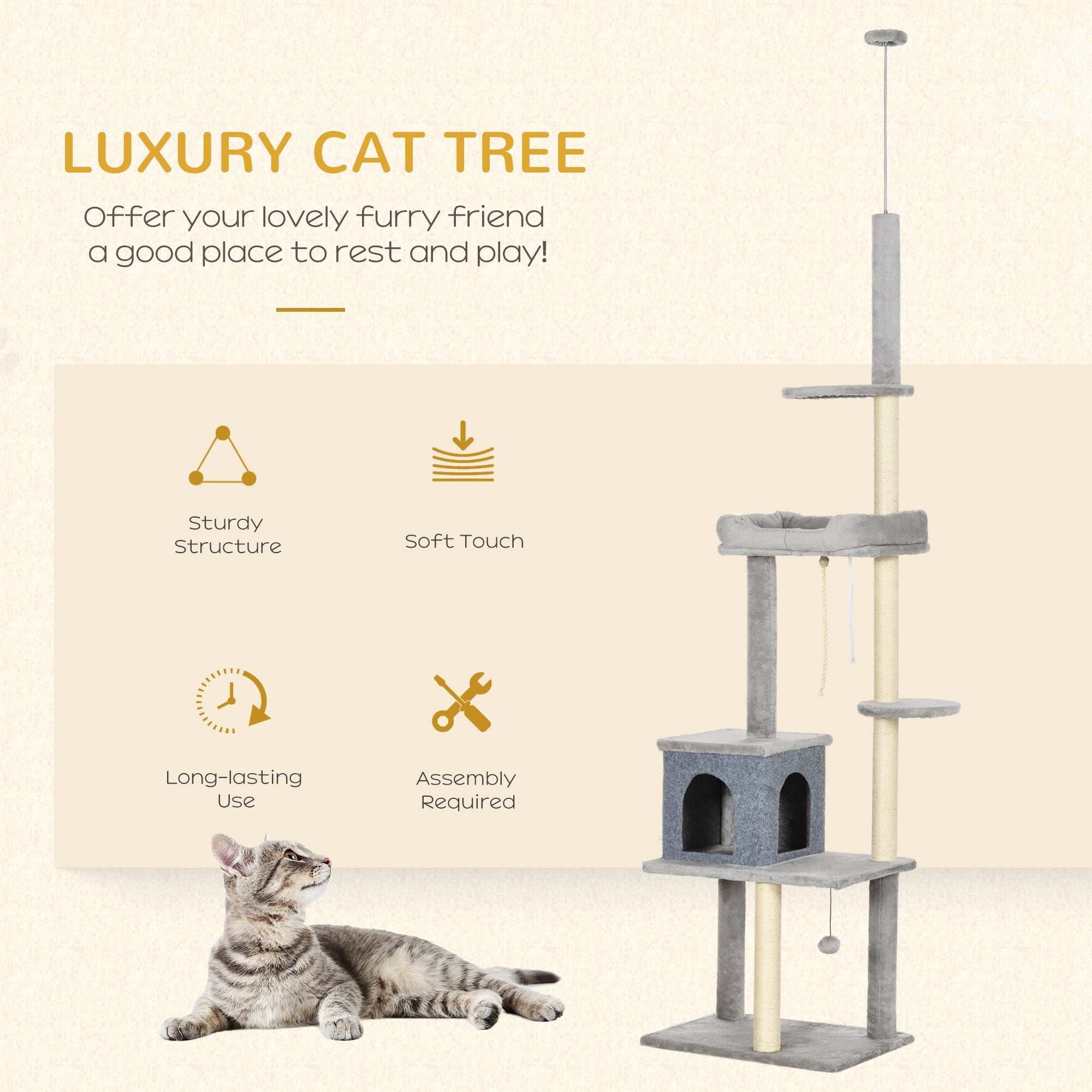Cat Tree Floor to Ceiling Cat Tower Height Adjustable( 85-101 Inches), Tall Large Cat Climbing Activity Center with Scratching Posts Cat Condo Cozy Bed, Grey
