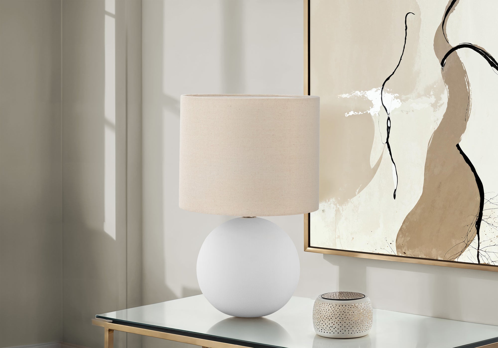 LIGHTING - 16"H TABLE LAMP CREAM CERAMIC / BEIGE SHADE-Table-DECOROLALA