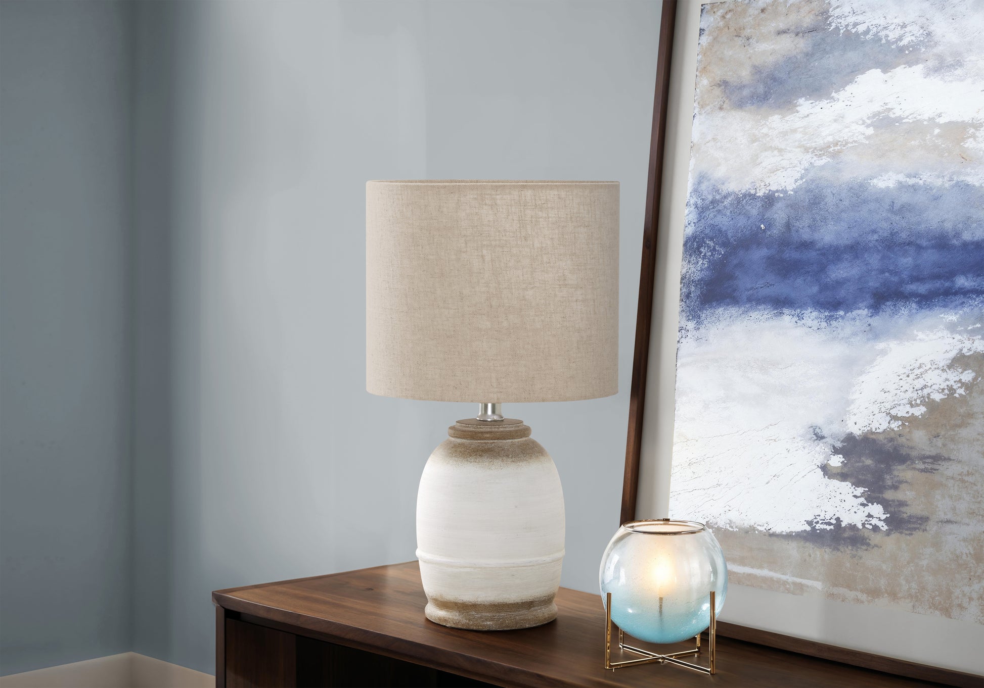 LIGHTING - 16"H TABLE LAMP CREAM RESIN / BEIGE SHADE-Table-DECOROLALA