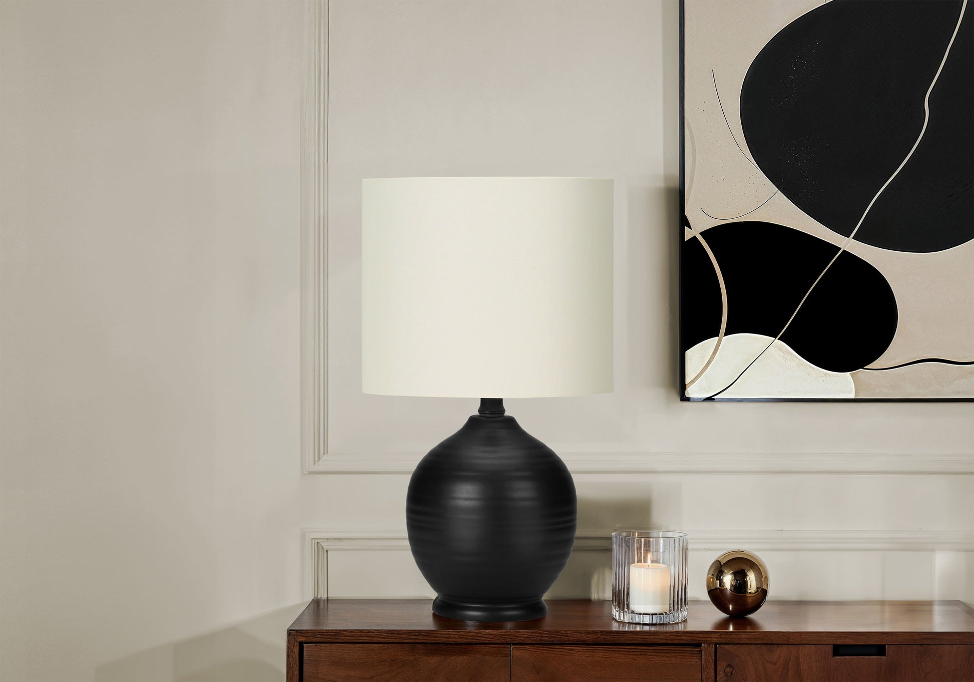 LIGHTING - 17"H TABLE LAMP BLACK CERAMIC / IVORY SHADE-Table-DECOROLALA