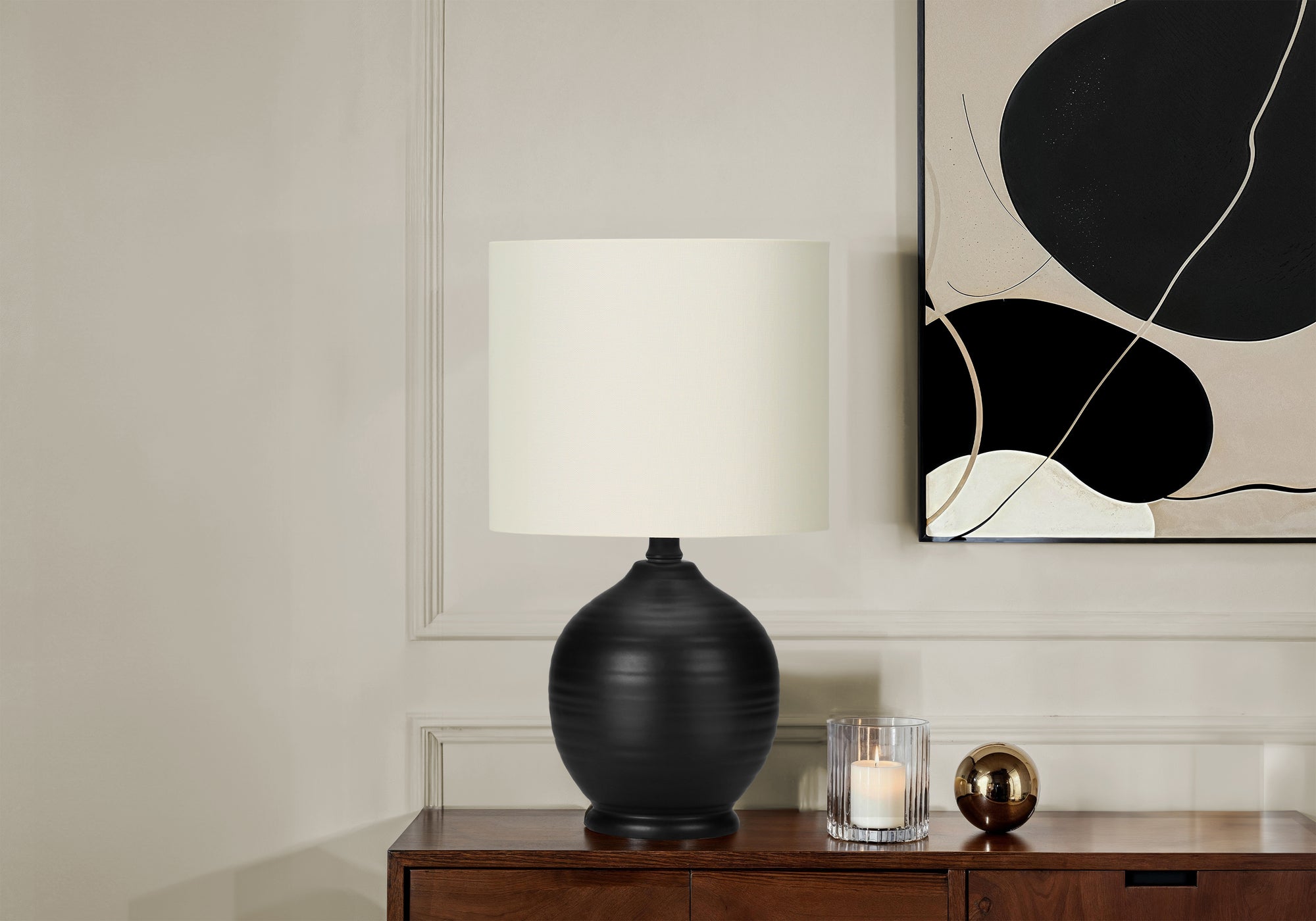 LIGHTING - 17"H TABLE LAMP BLACK CERAMIC / IVORY SHADE-Table-DECOROLALA