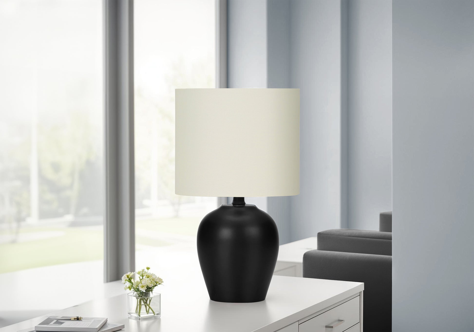 LIGHTING - 17"H TABLE LAMP BLACK CERAMIC / IVORY SHADE-Table-DECOROLALA