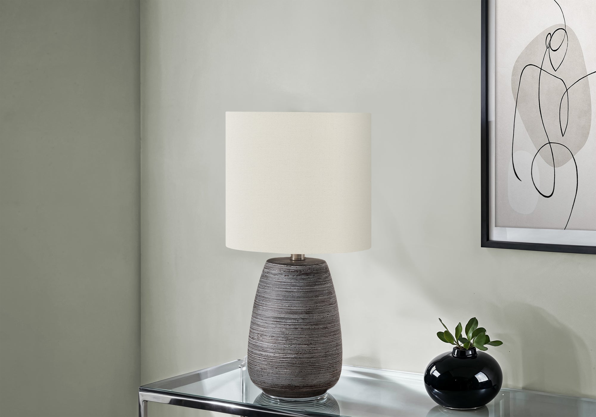 LIGHTING - 19"H TABLE LAMP GREY CERAMIC / IVORY SHADE-Table-DECOROLALA