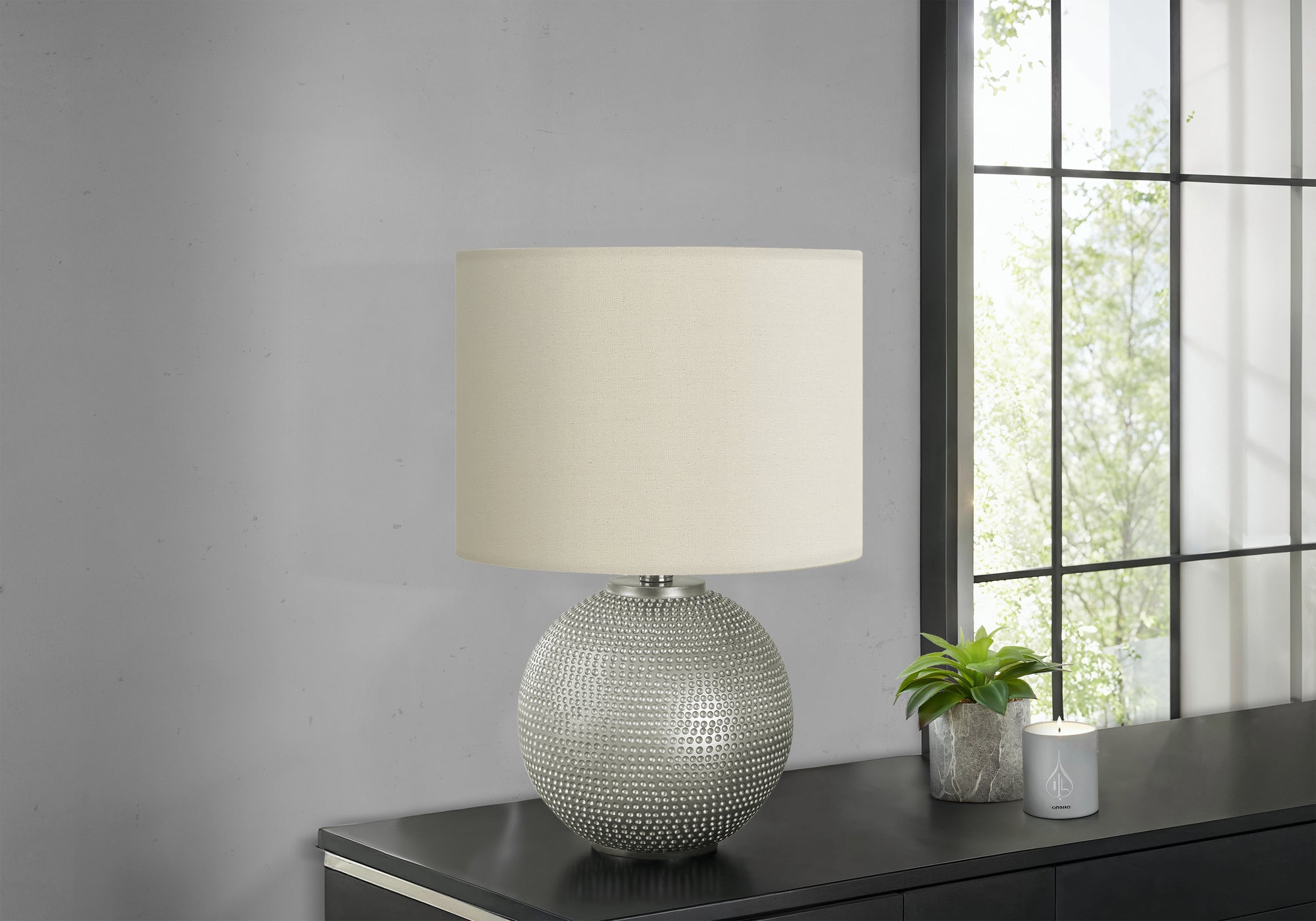 LIGHTING - 19"H TABLE LAMP GREY RESIN / IVORY SHADE-Table-DECOROLALA