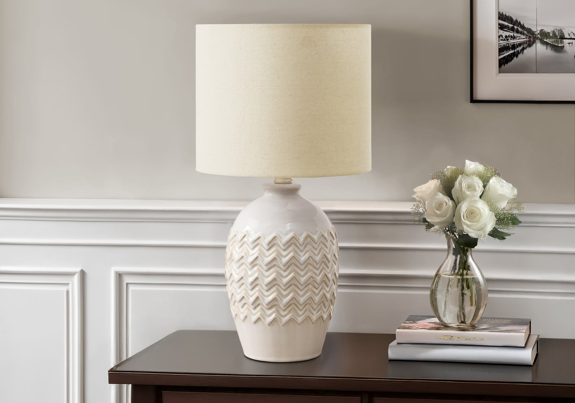 LIGHTING - 19"H TABLE LAMP IVORY CERAMIC / BEIGE SHADE-Table-DECOROLALA