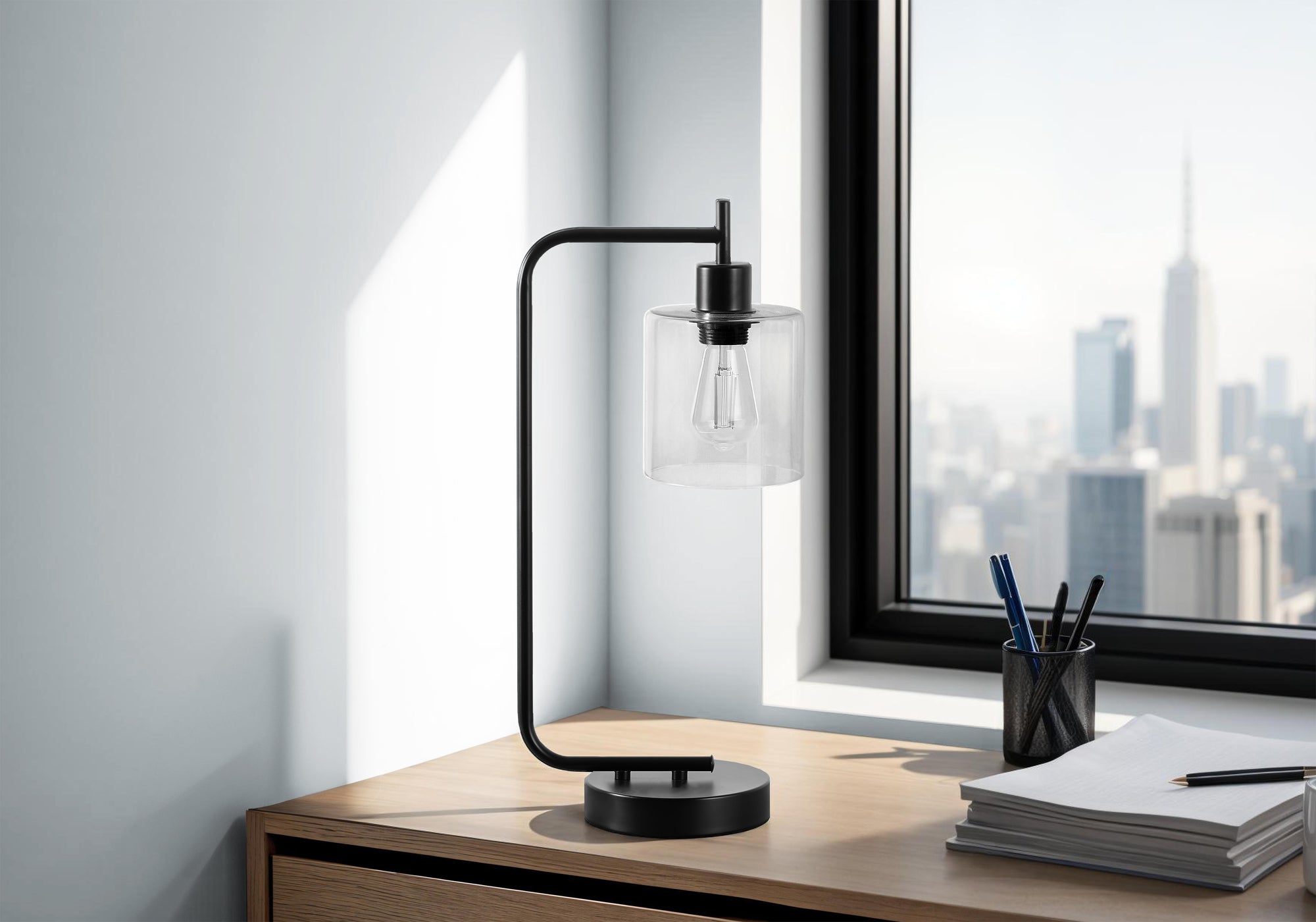 LIGHTING - 20"H TABLE LAMP BLACK METAL/GLASS SHADE/USB-Table-DECOROLALA