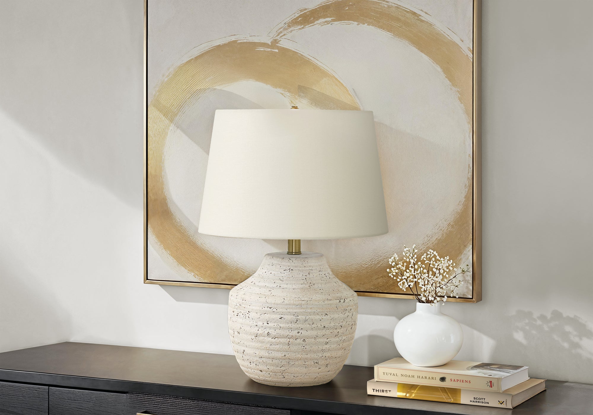 LIGHTING - 20"H TABLE LAMP CREAM CONCRETE / IVORY SHADE-Table-DECOROLALA