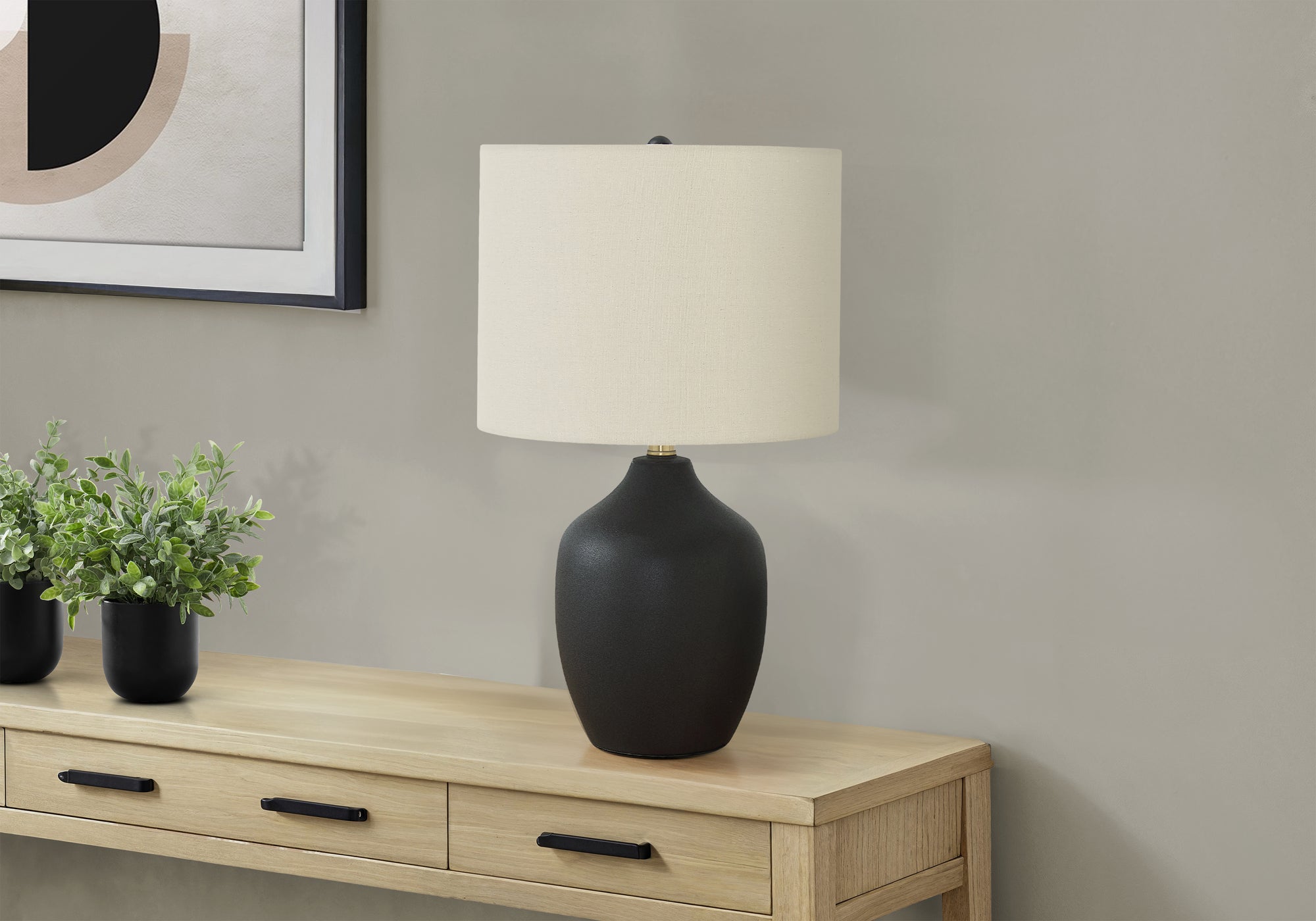 LIGHTING - 22"H TABLE LAMP BLACK CERAMIC / IVORY SHADE-Table-DECOROLALA