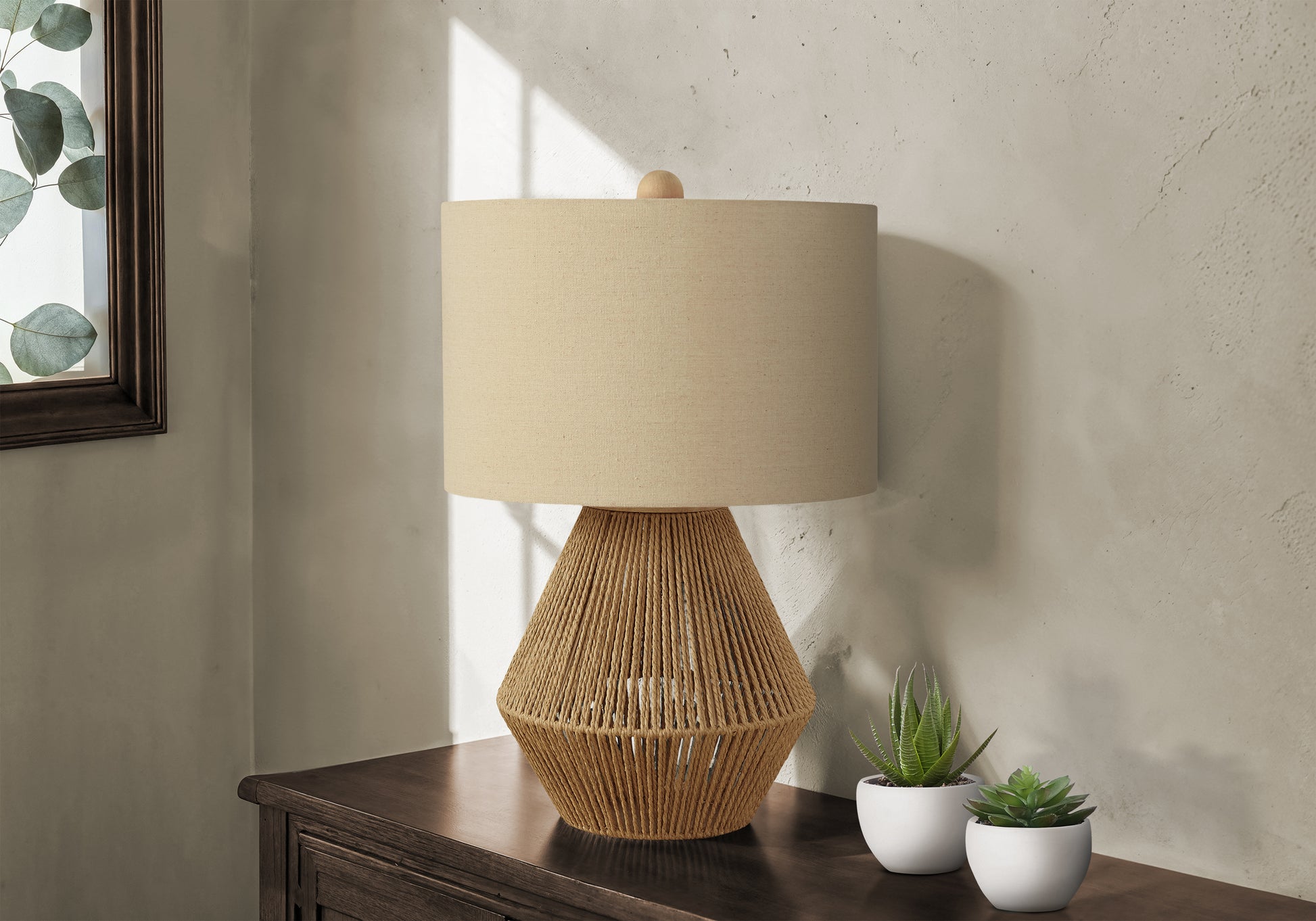 LIGHTING - 22"H TABLE LAMP BROWN ROPE / BEIGE SHADE-Table-DECOROLALA
