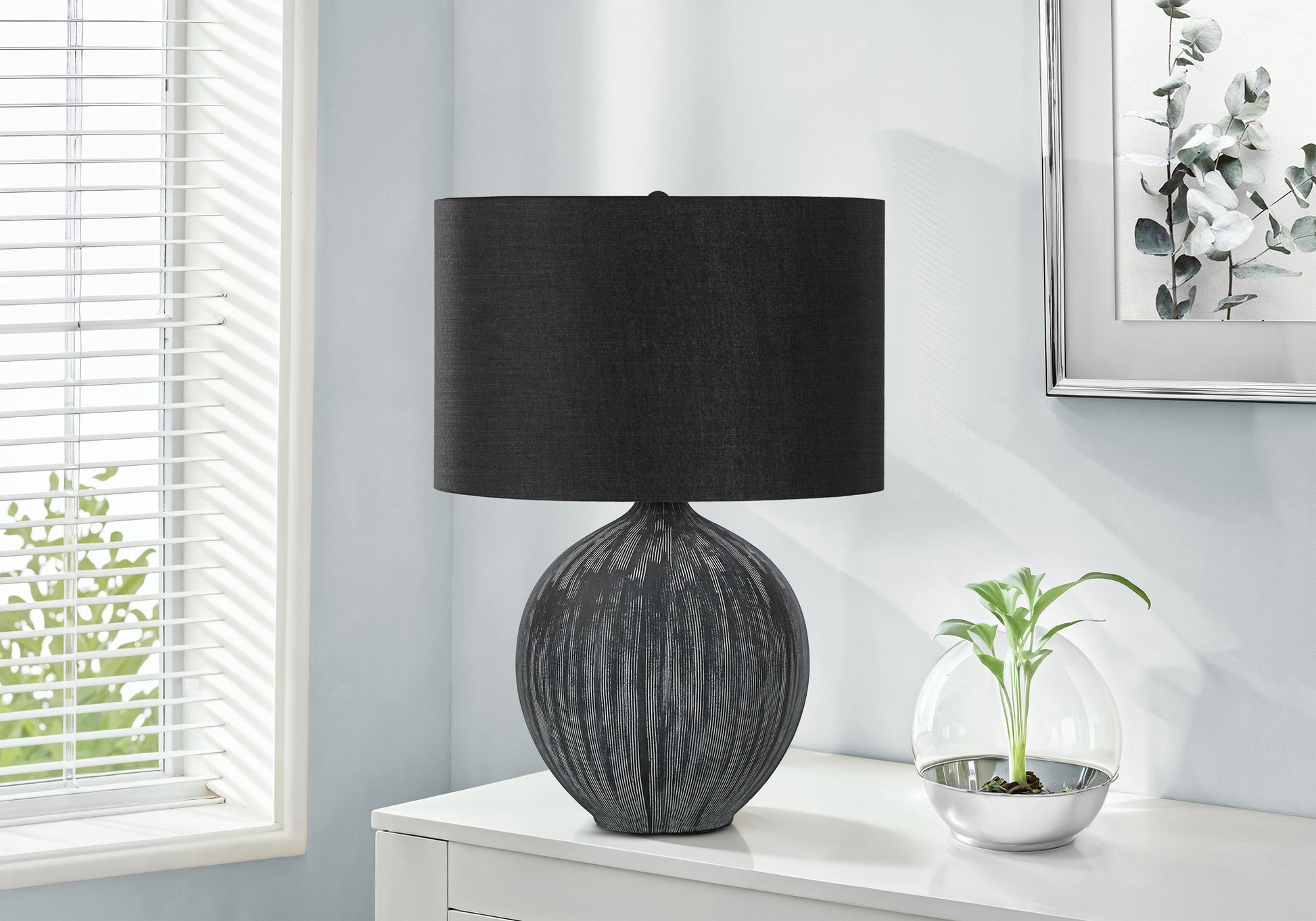 LIGHTING - 23"H TABLE LAMP BLACK CERAMIC / BLACK SHADE-Table-DECOROLALA