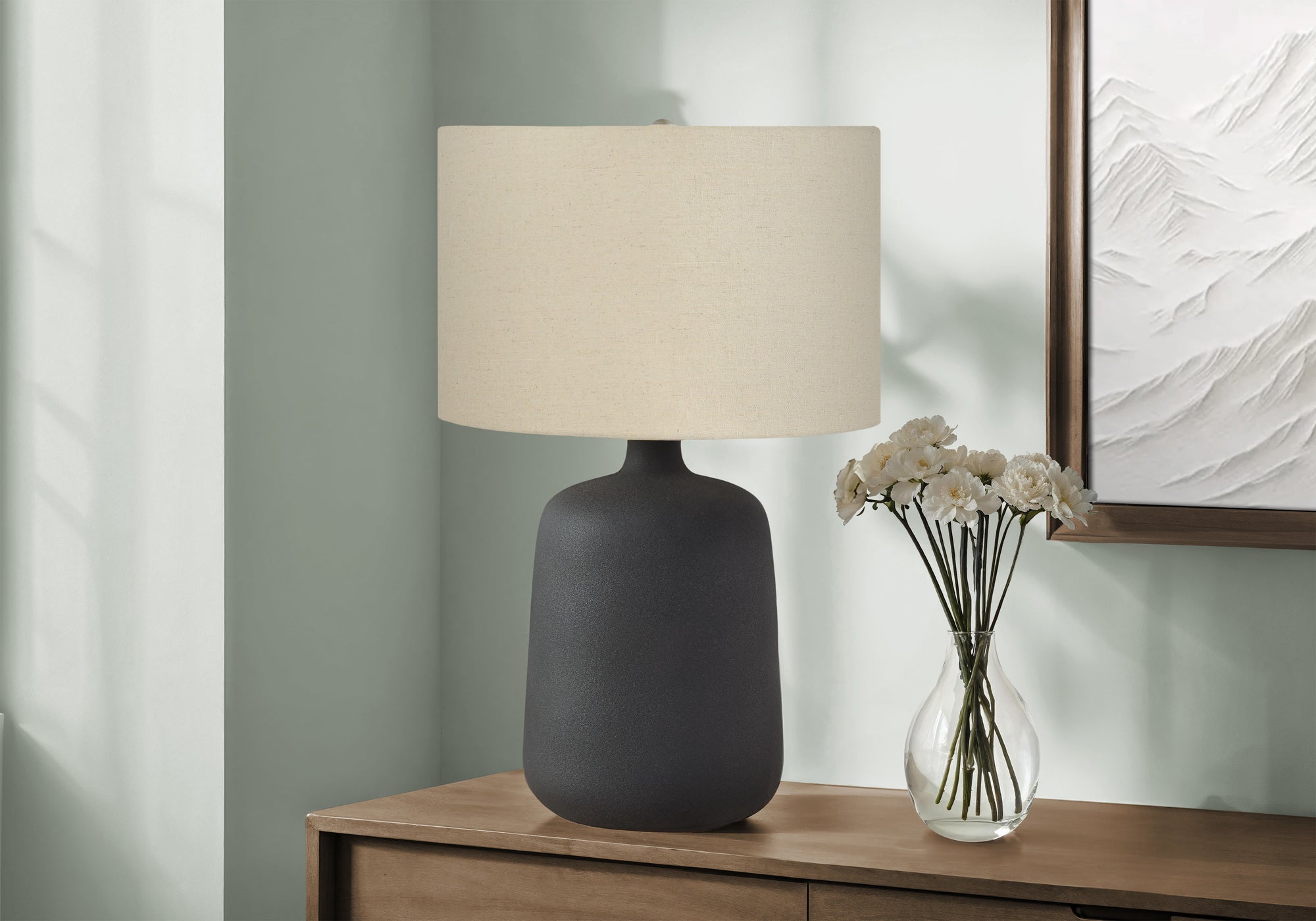 LIGHTING - 24"H TABLE LAMP BLACK CERAMIC / BEIGE SHADE-Table-DECOROLALA