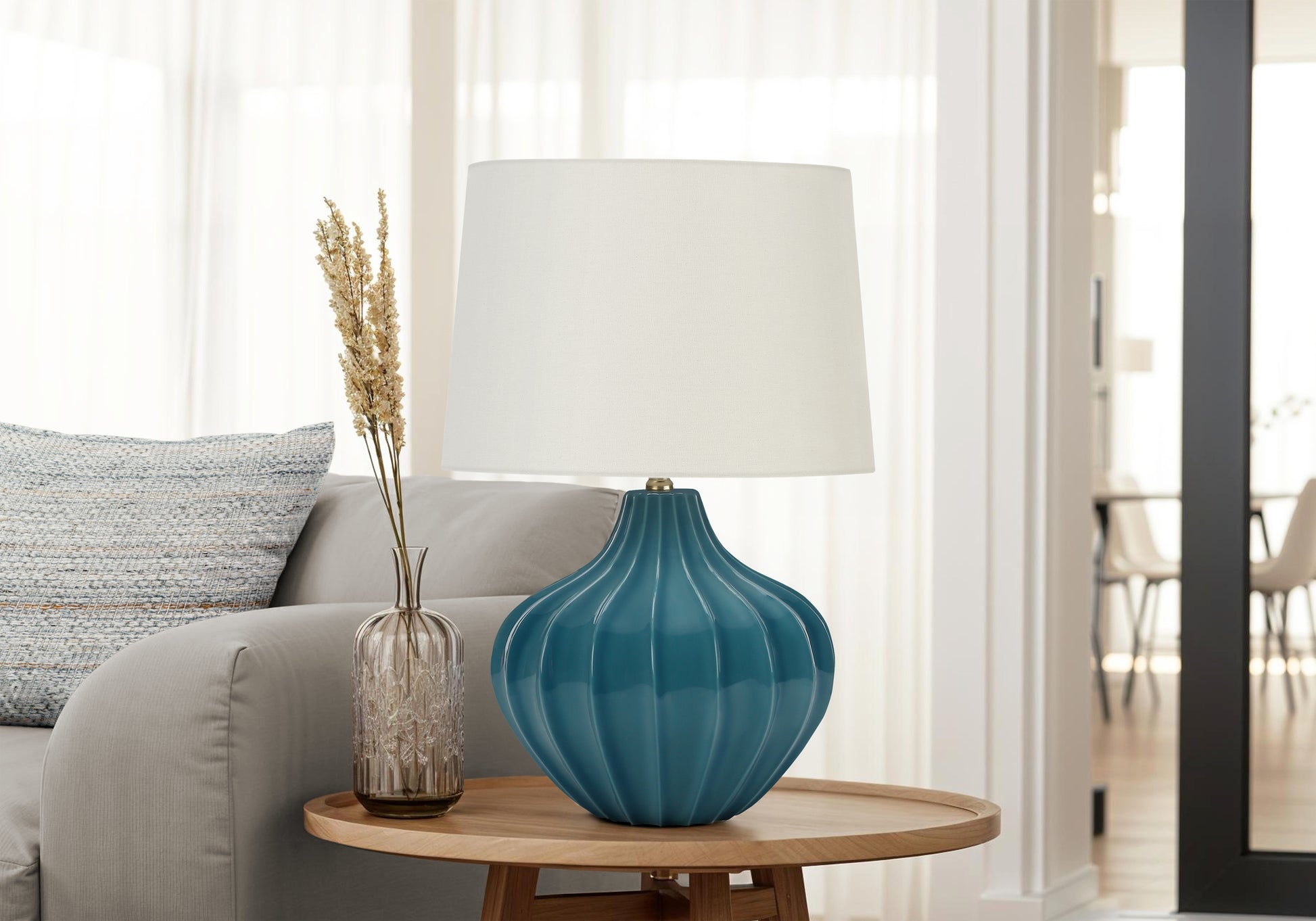 LIGHTING - 24"H TABLE LAMP BLUE CERAMIC / IVORY SHADE-Table-DECOROLALA