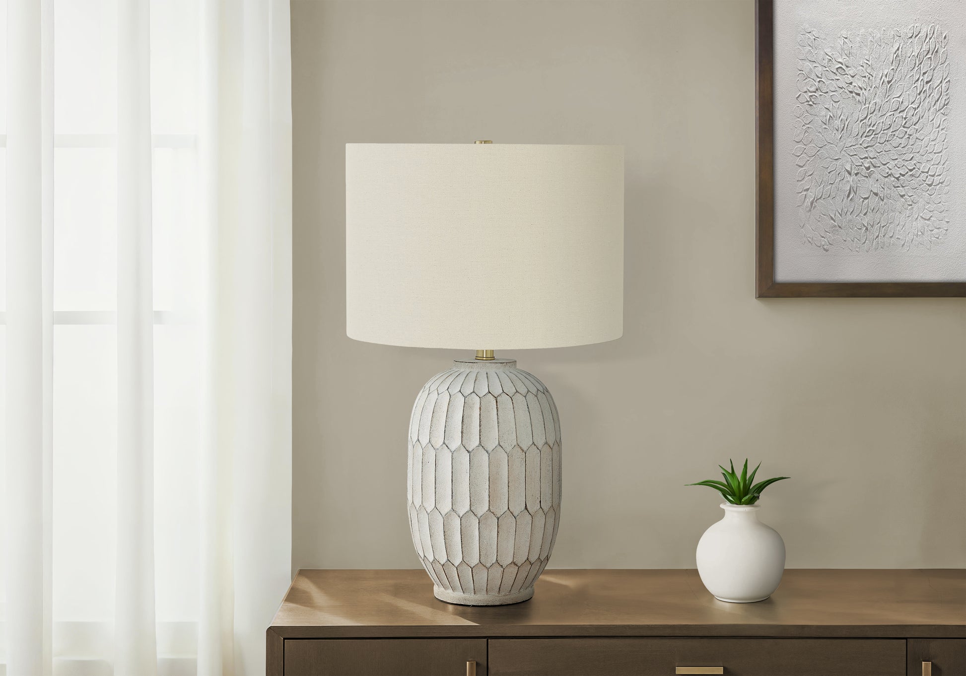 LIGHTING - 24"H TABLE LAMP CREAM RESIN / IVORY SHADE-Table-DECOROLALA