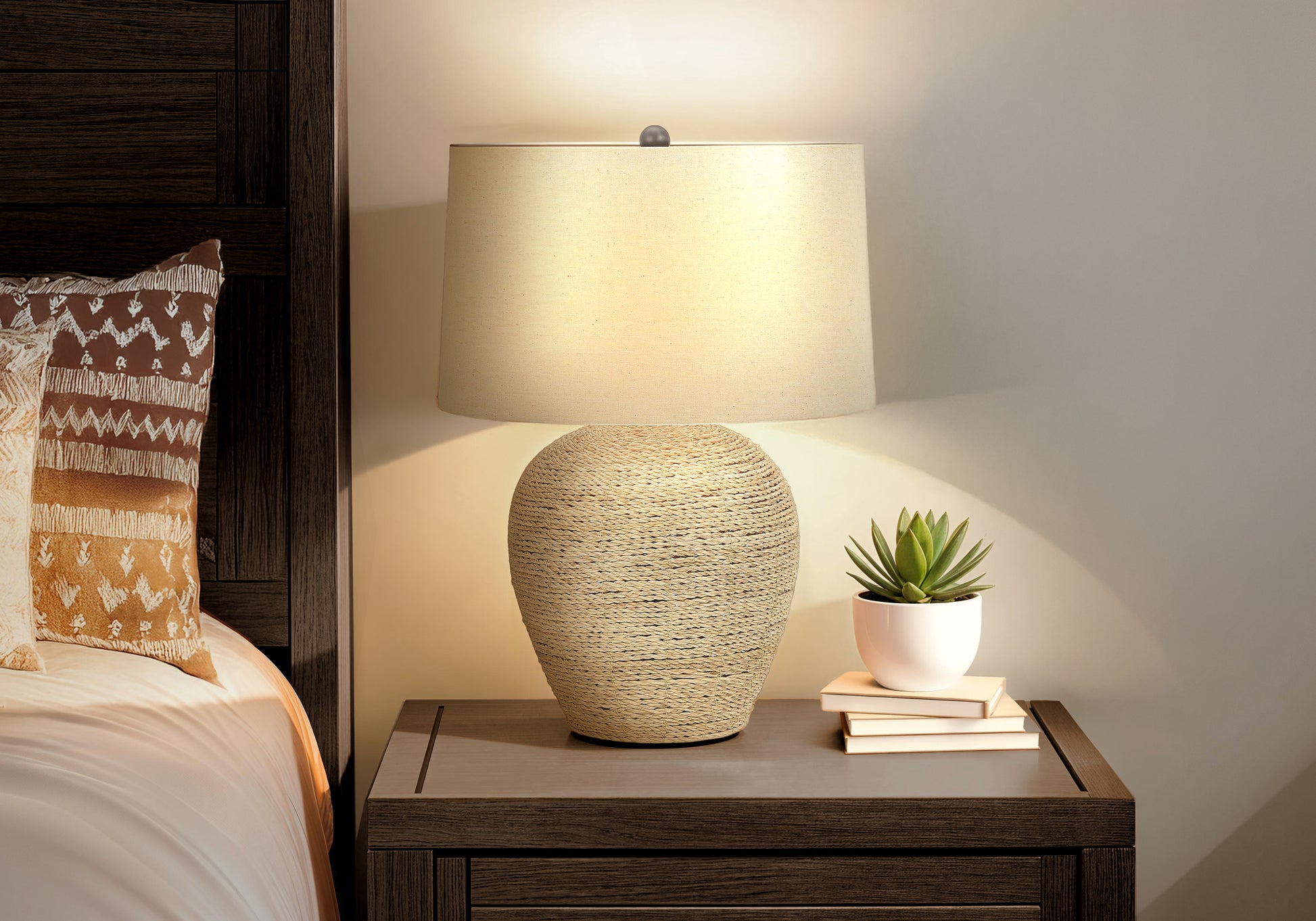 LIGHTING - 25"H TABLE LAMP BEIGE RATTAN / BEIGE SHADE-Table-DECOROLALA
