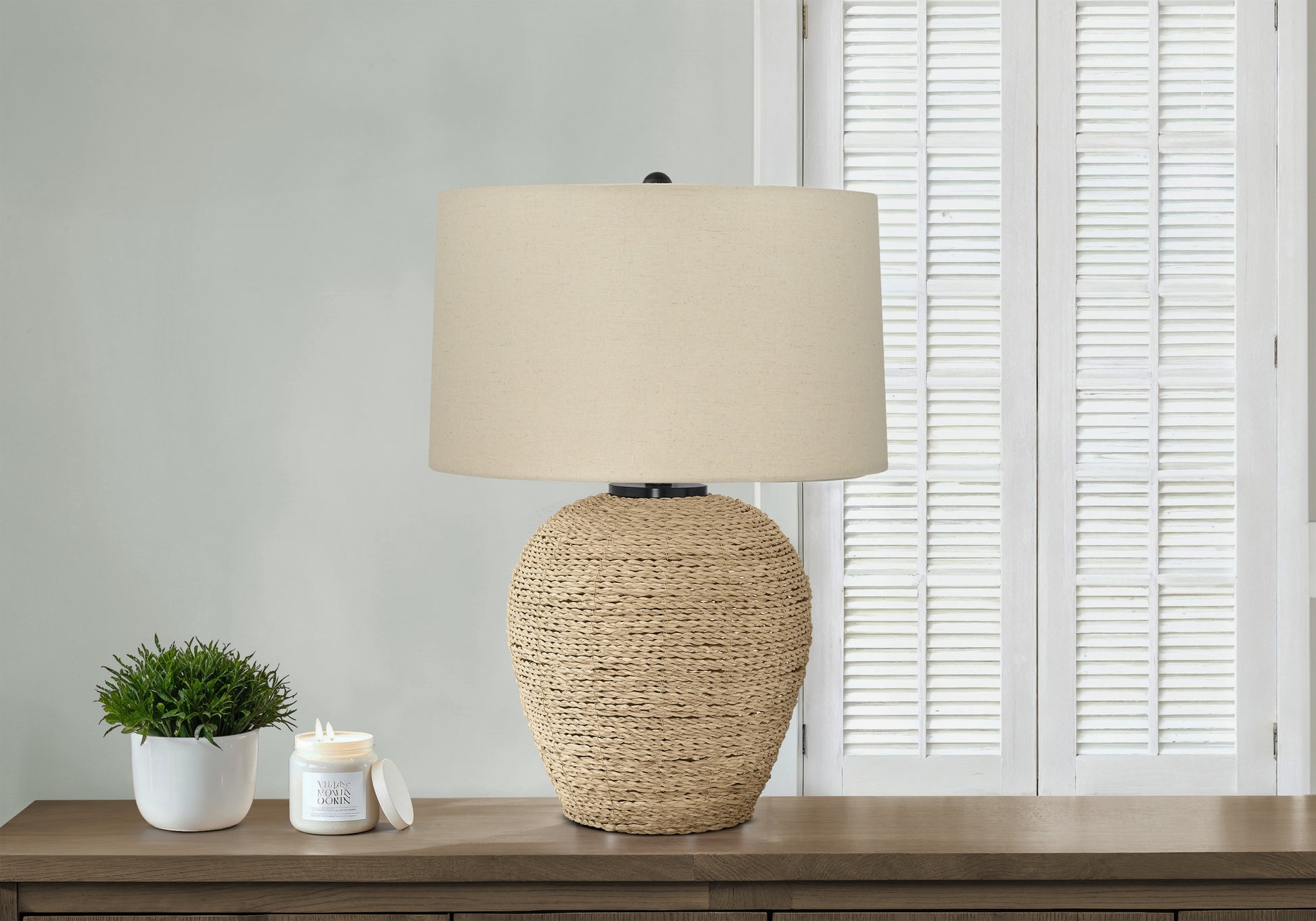 LIGHTING - 25"H TABLE LAMP BEIGE RATTAN / BEIGE SHADE-Table-DECOROLALA