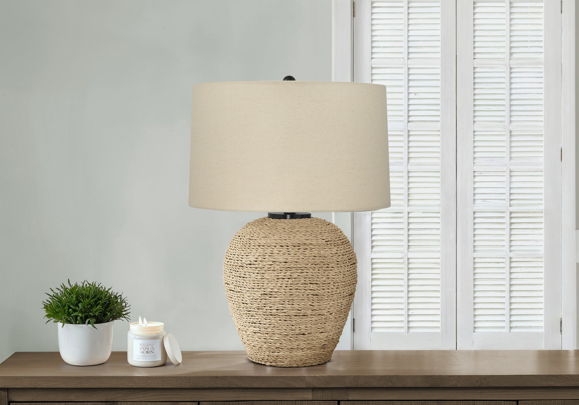 LIGHTING - 25"H TABLE LAMP BEIGE RATTAN / BEIGE SHADE-Table-DECOROLALA