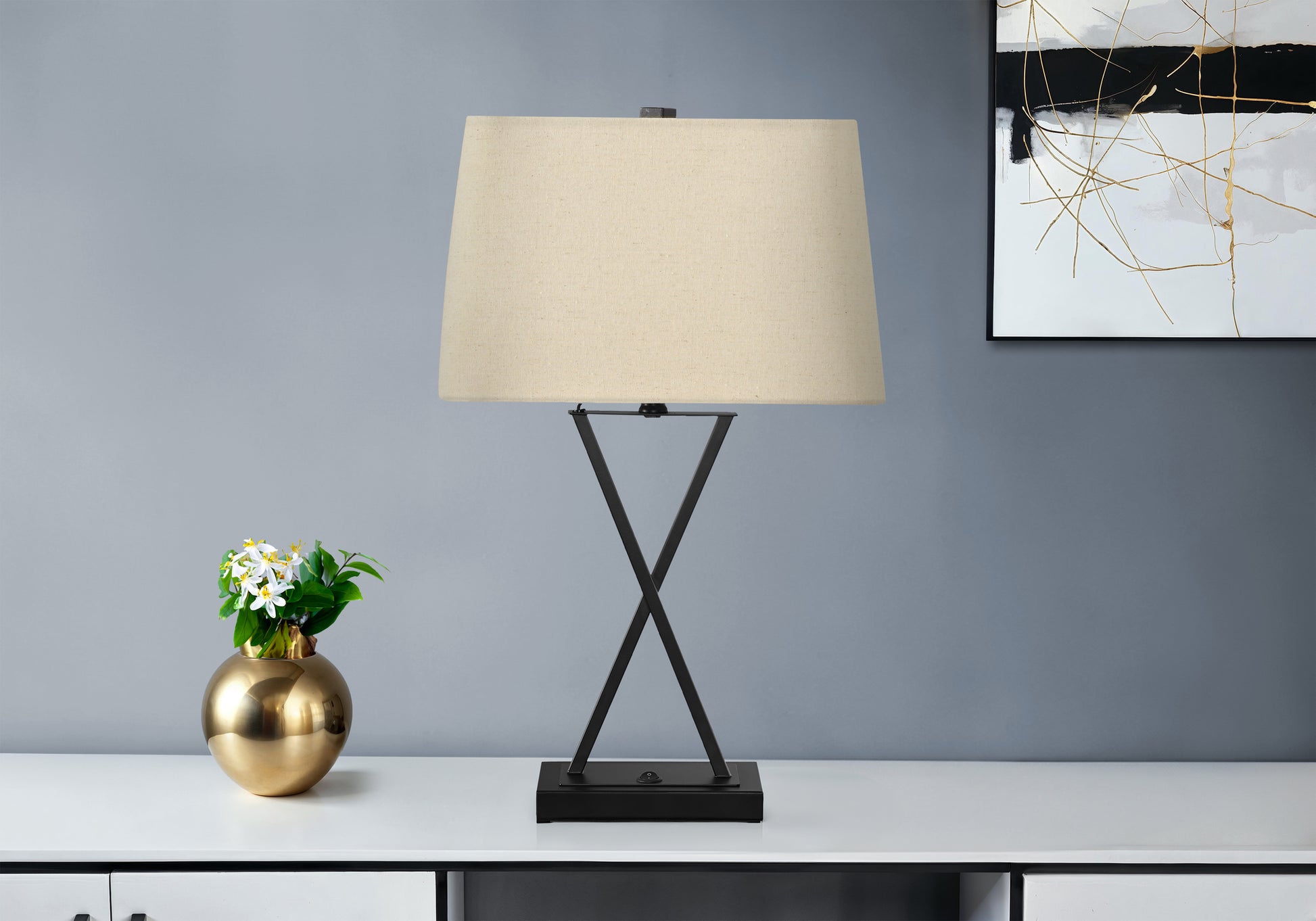 LIGHTING - 25"H TABLE LAMP BLACK METAL/BEIGE SHADE/USB-Table-DECOROLALA