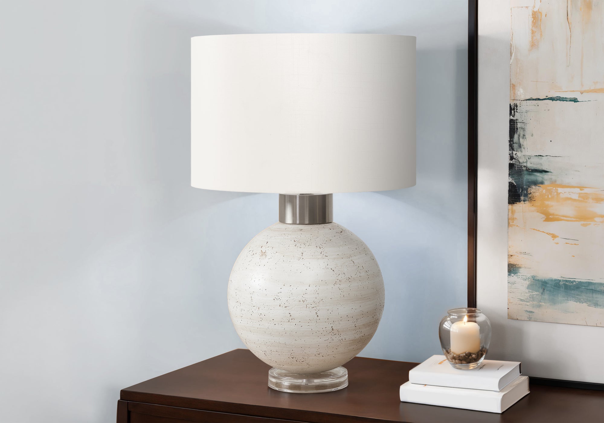 LIGHTING - 27"H TABLE LAMP BEIGE RESIN / IVORY SHADE-Table-DECOROLALA